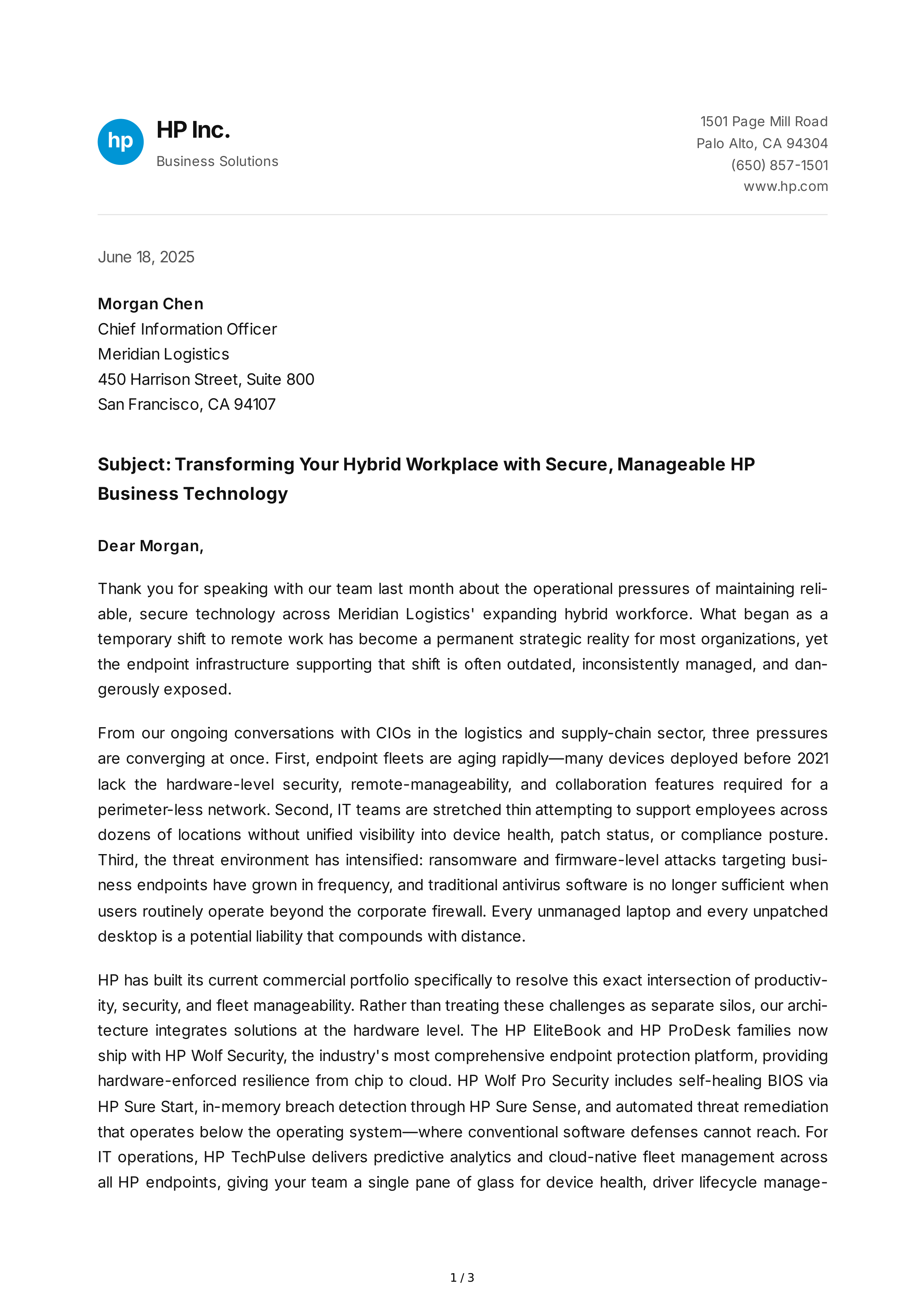 HP Sales Letter — page 1