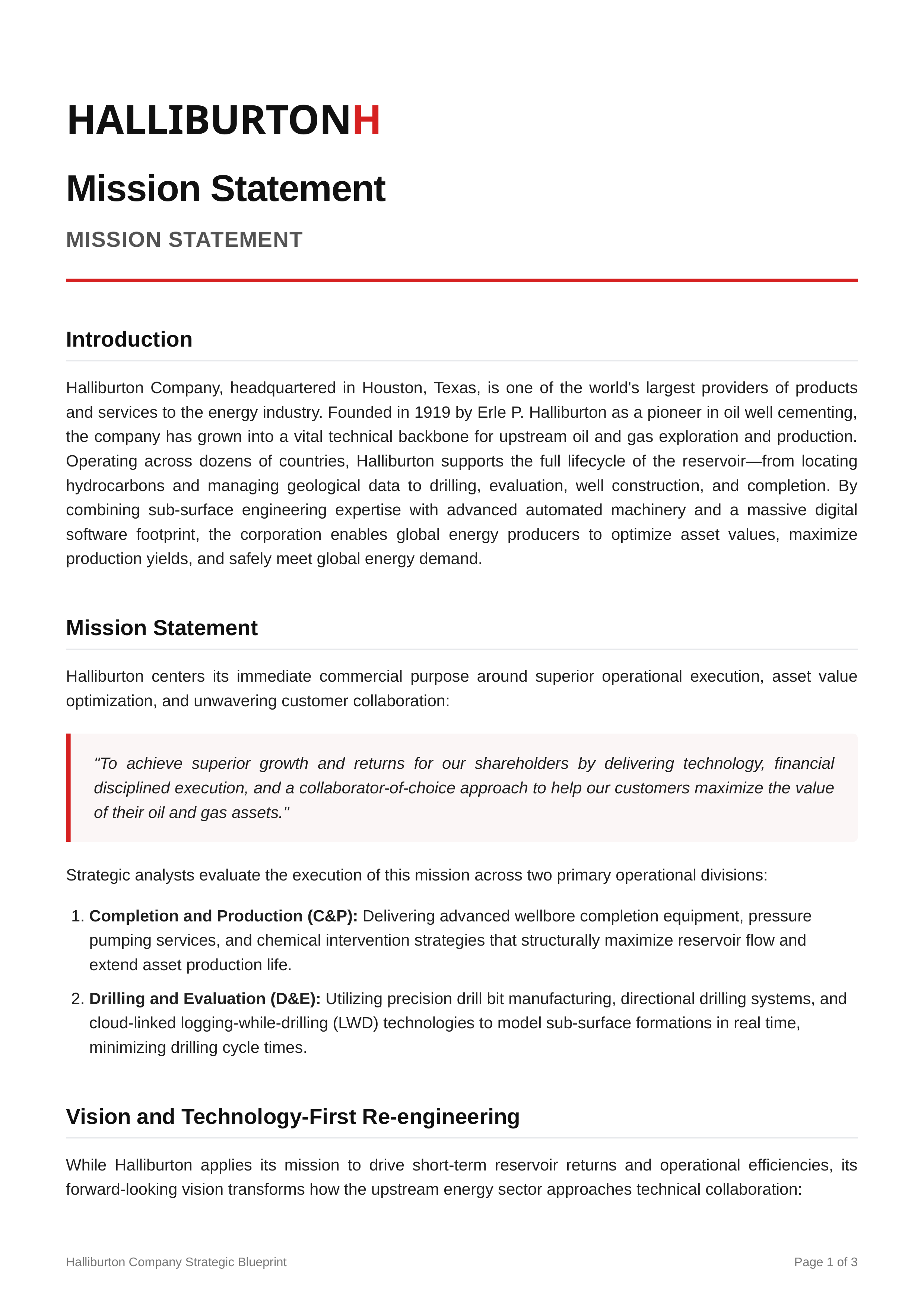 Halliburton Mission Statement — page 1