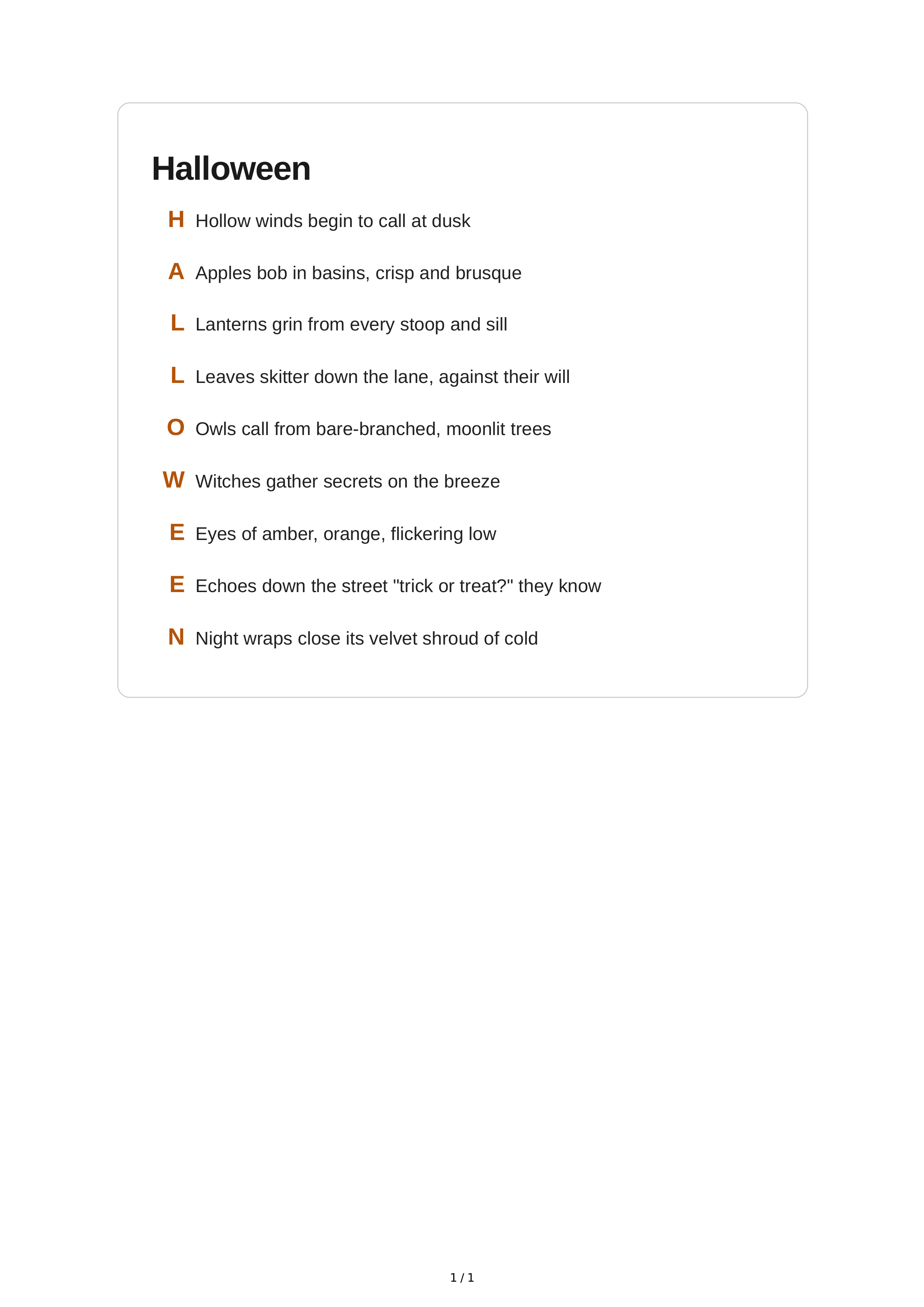 Halloween Acrostic Poem — page 1
