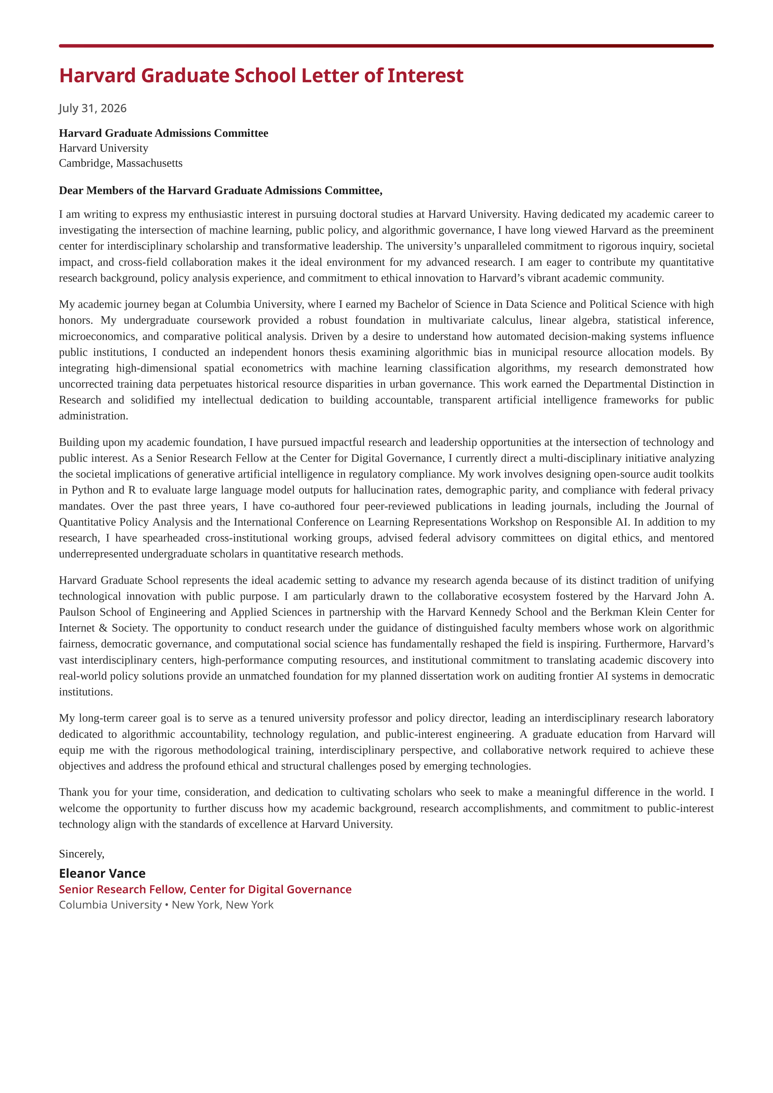 Harvard Graduate School Letter of Interest — page 1