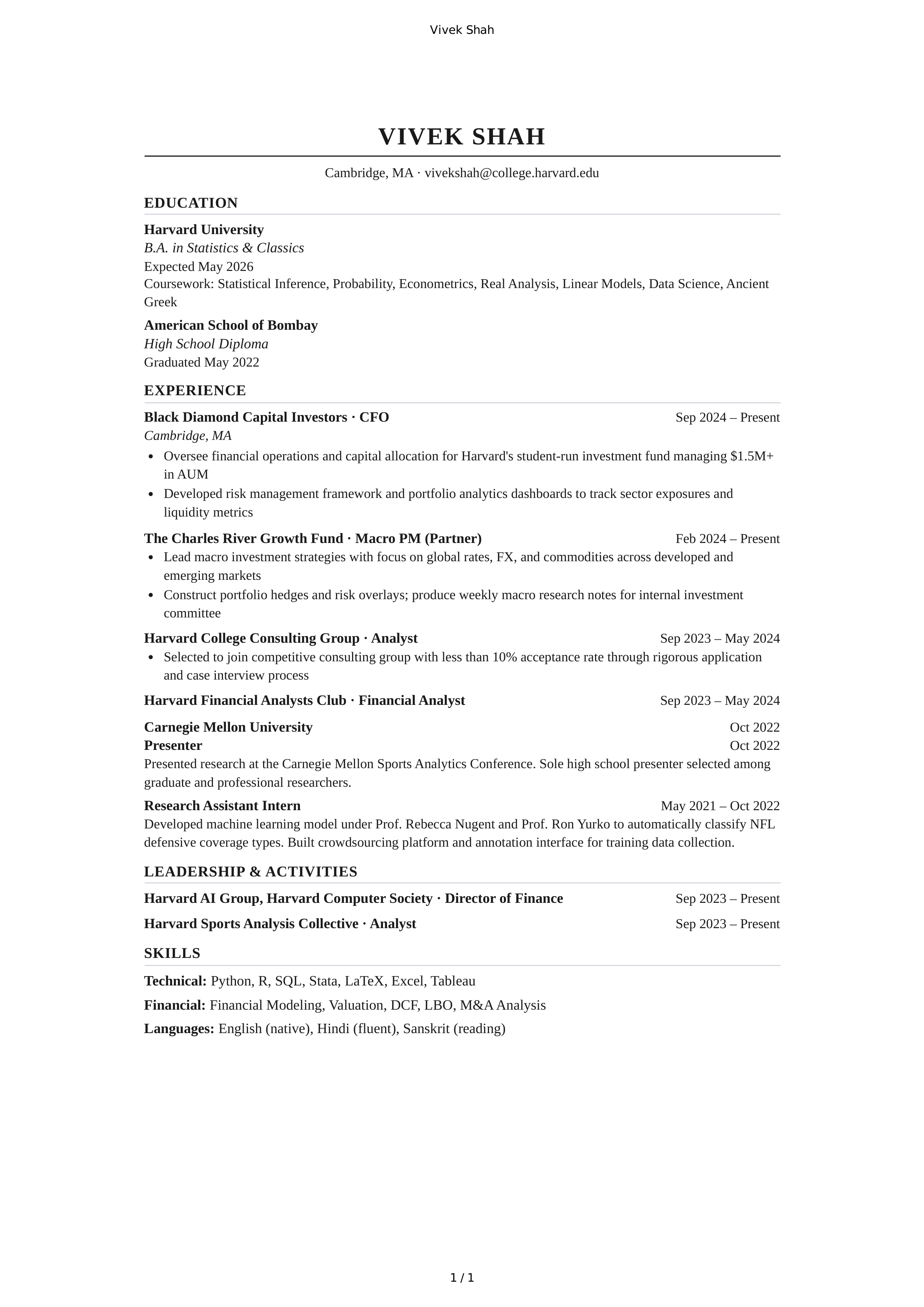 Harvard University Student Resume — page 1