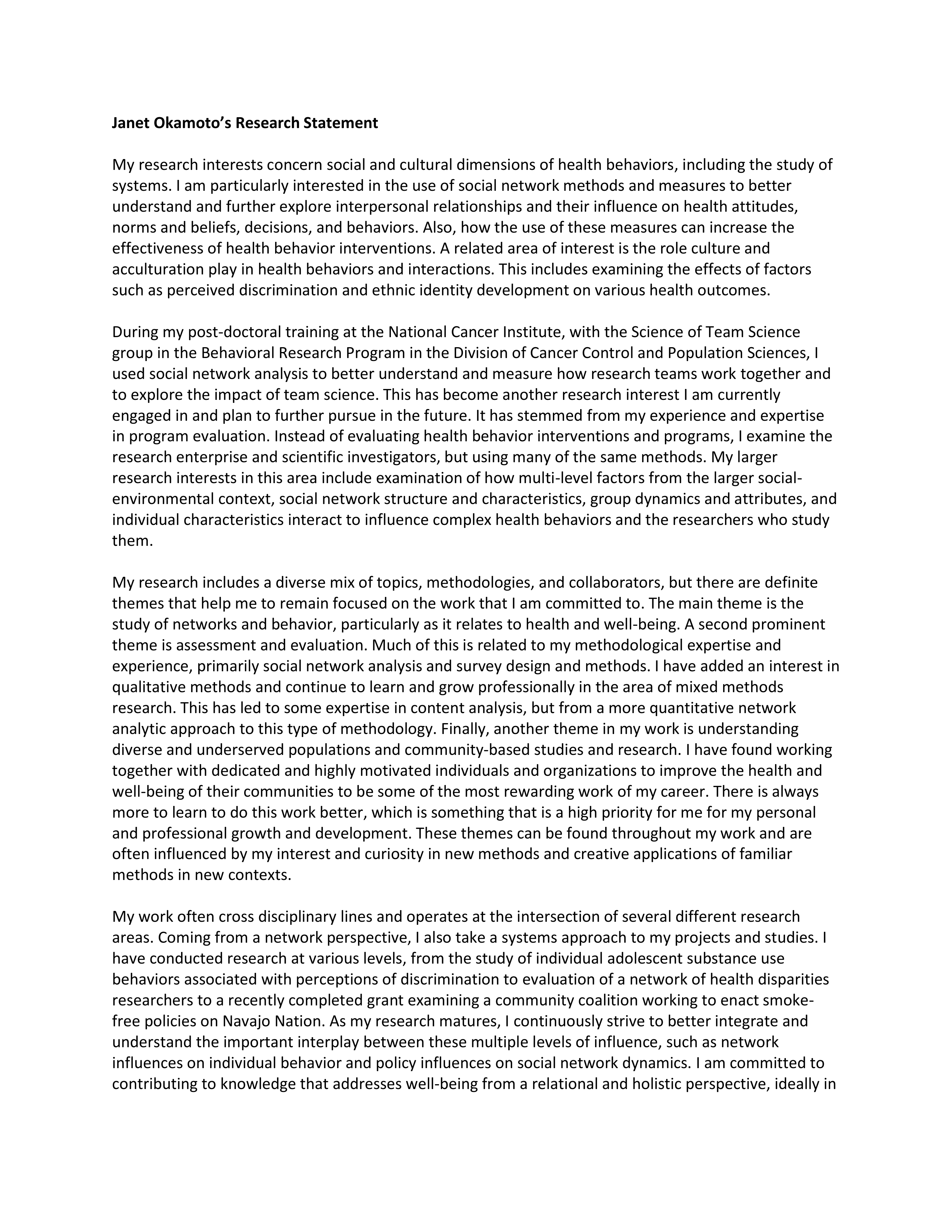 Health Behavior Research Statement — page 1