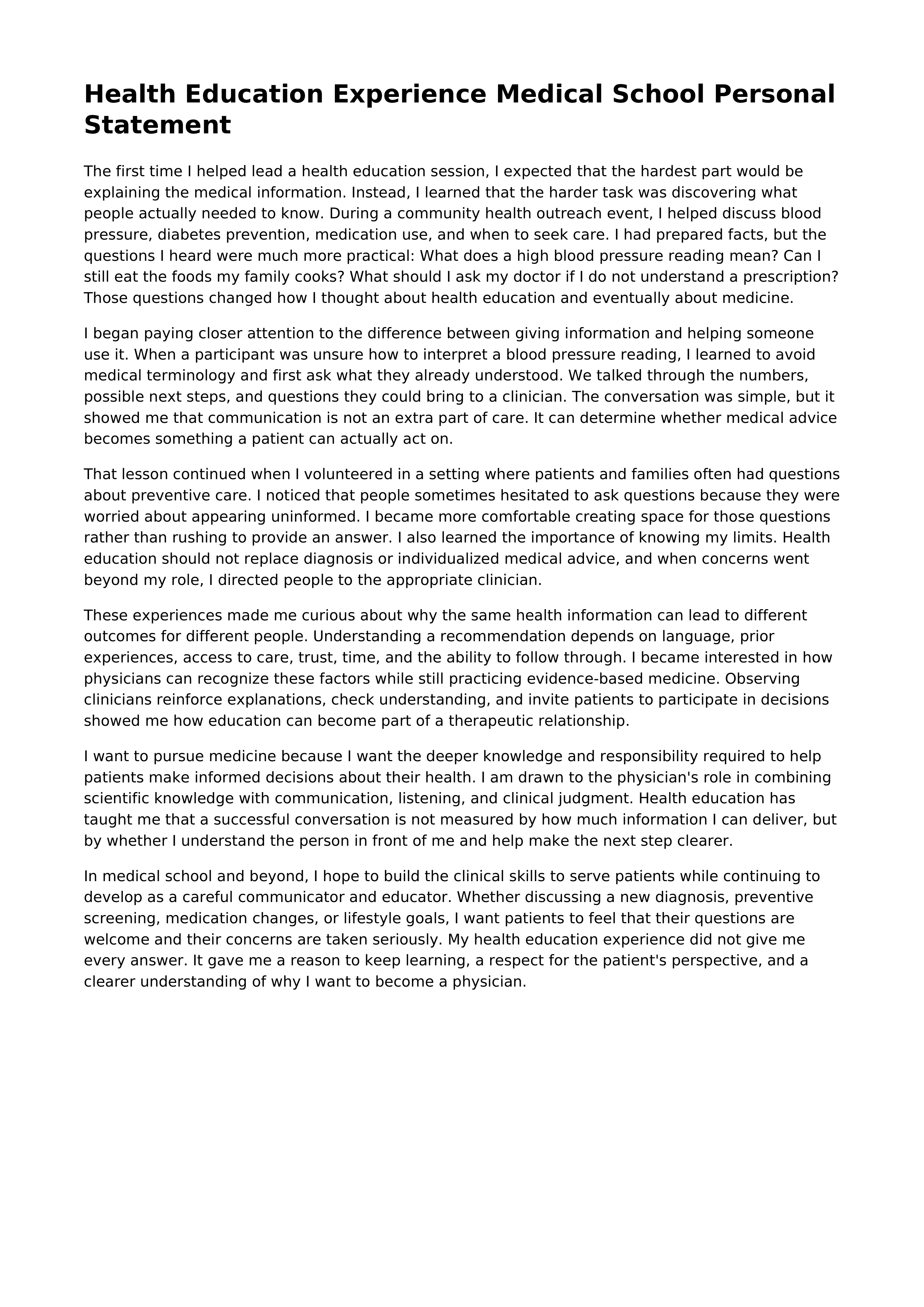 Health Education Experience Medical School Personal Statement — page 1