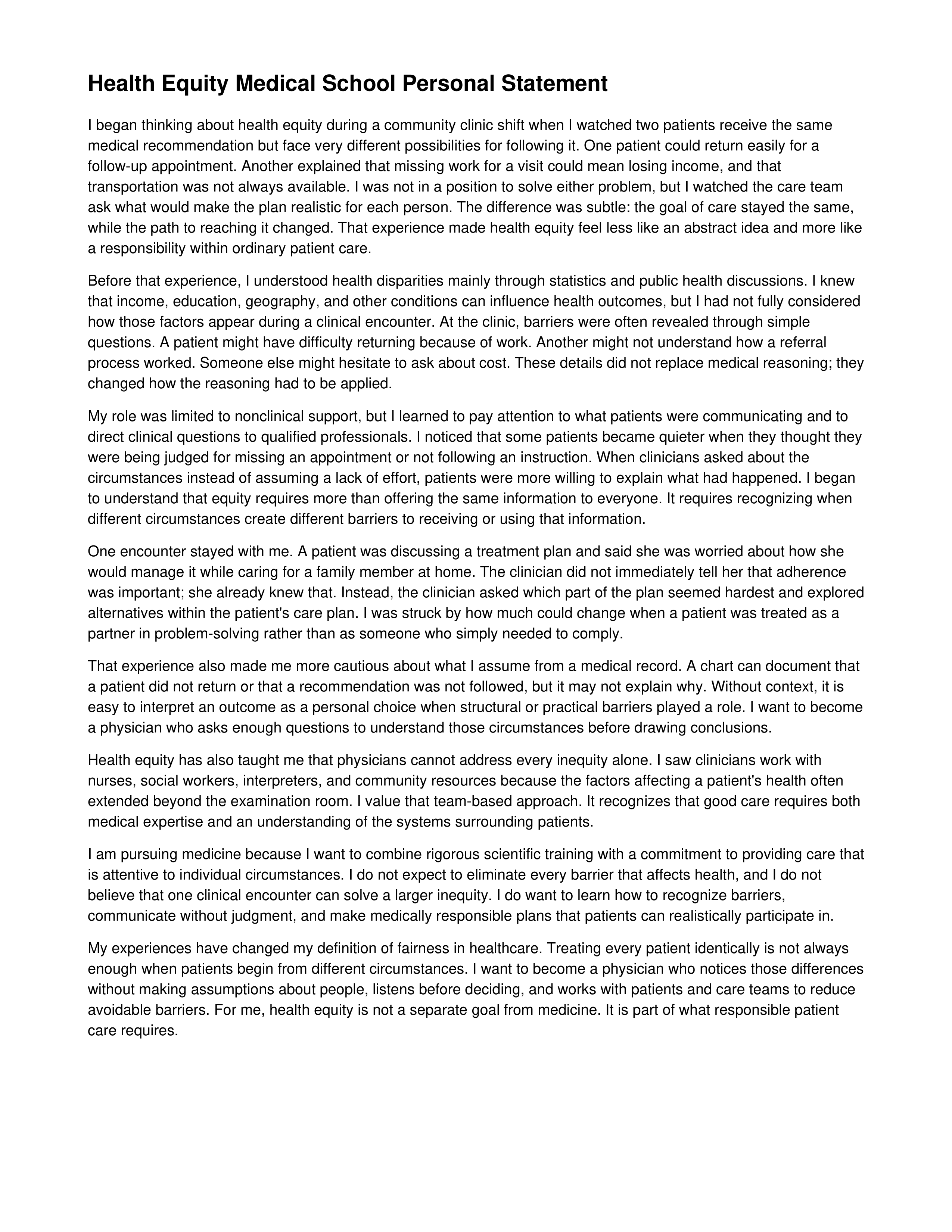 Health Equity Medical School Personal Statement — page 1