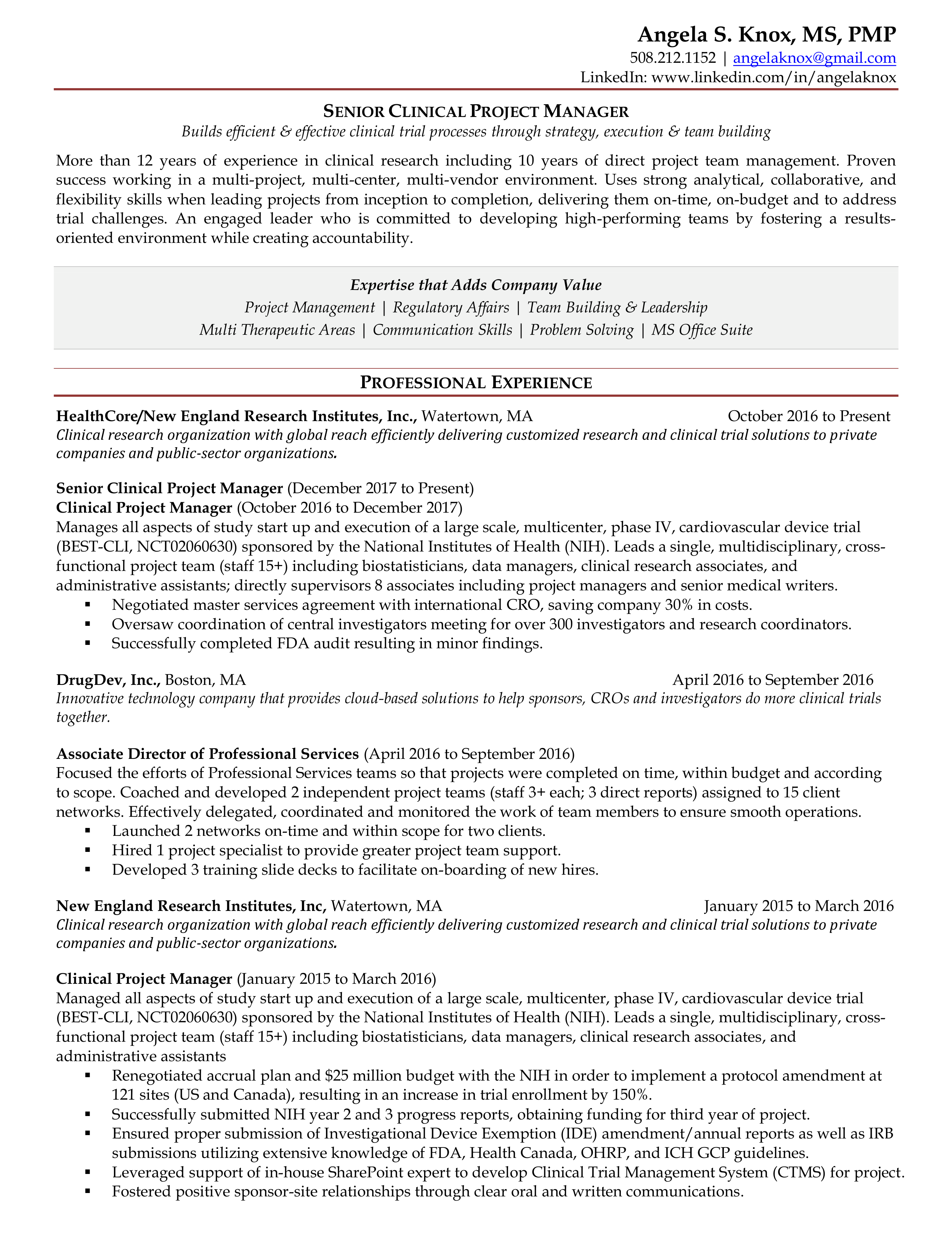 HealthCore Clinical Project Manager Resume — page 1
