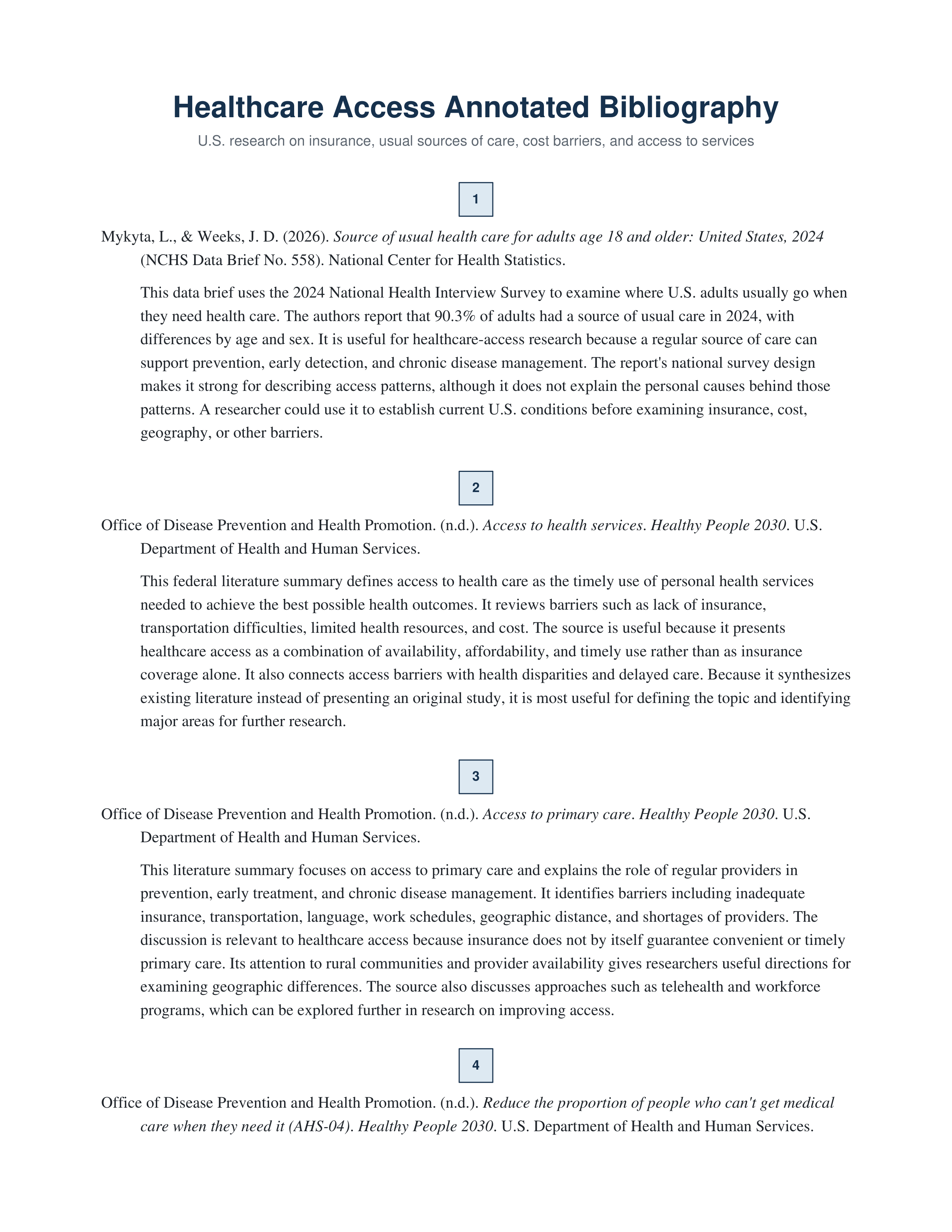 Healthcare Access Annotated Bibliography — page 1