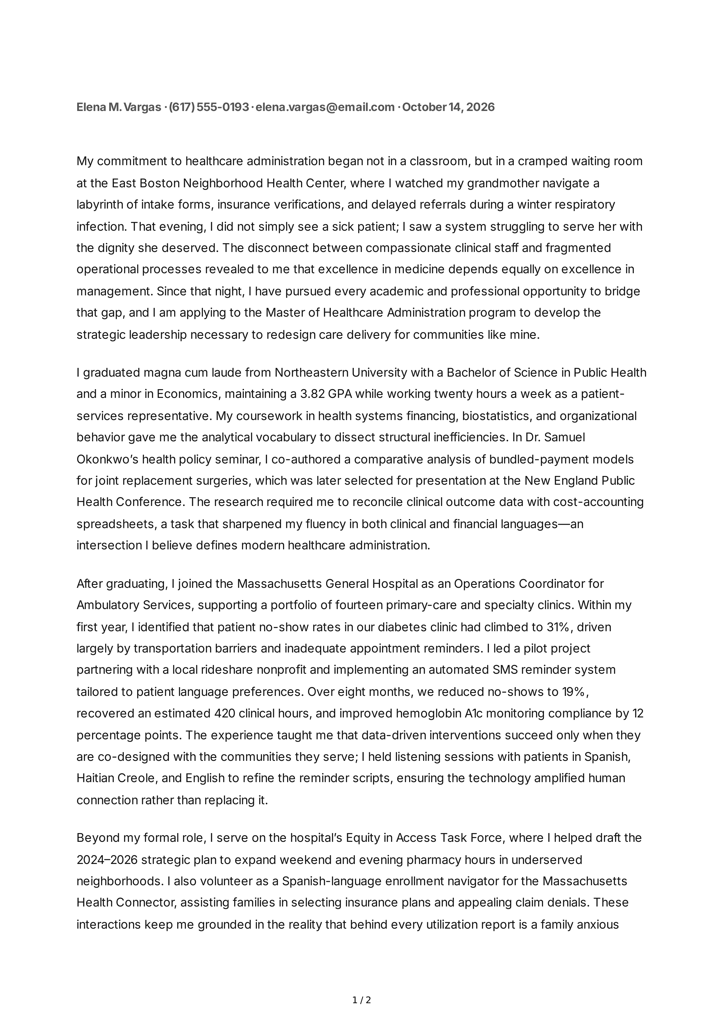 Healthcare Administration Personal Statement — page 1
