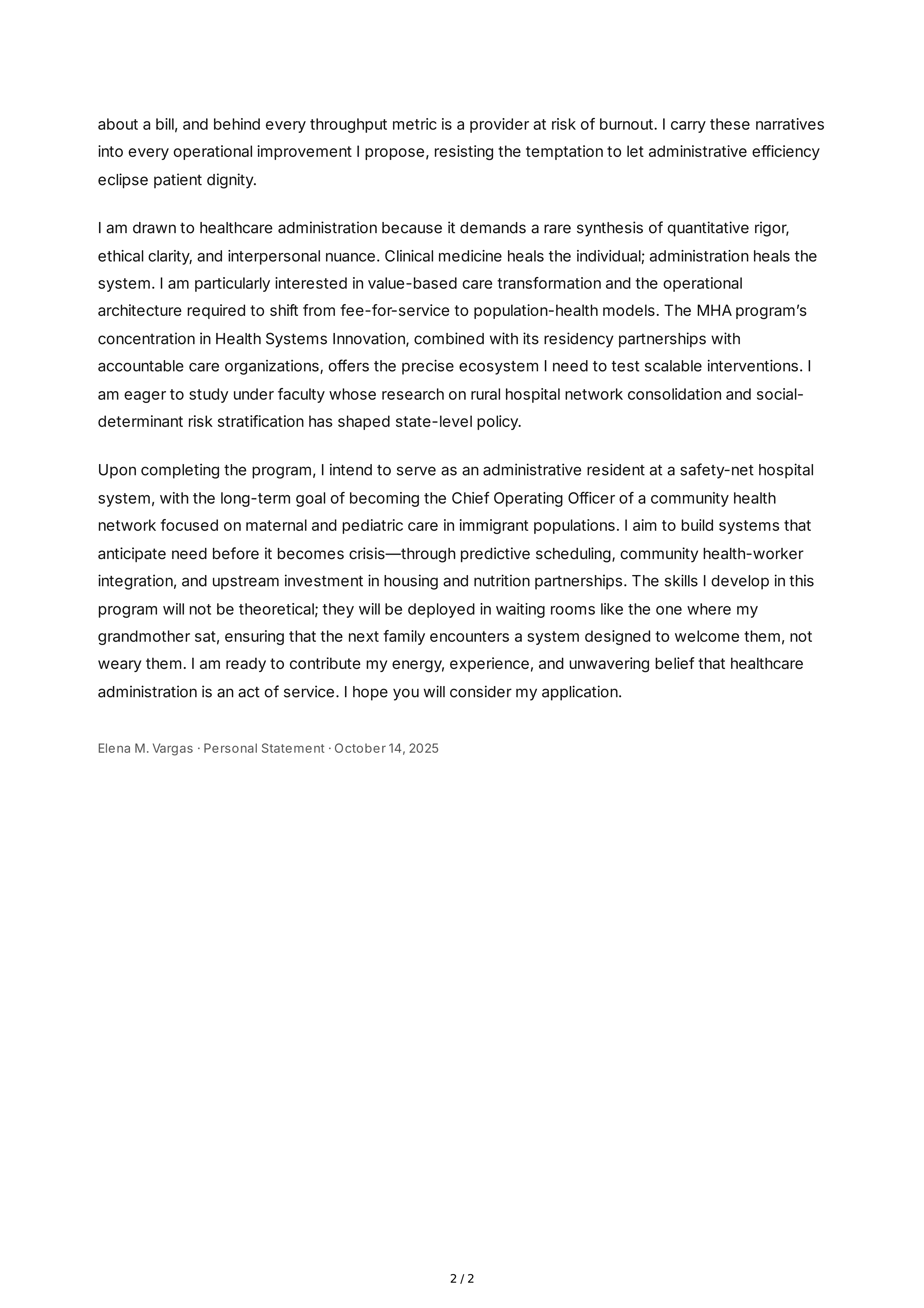 Healthcare Administration Personal Statement — page 2