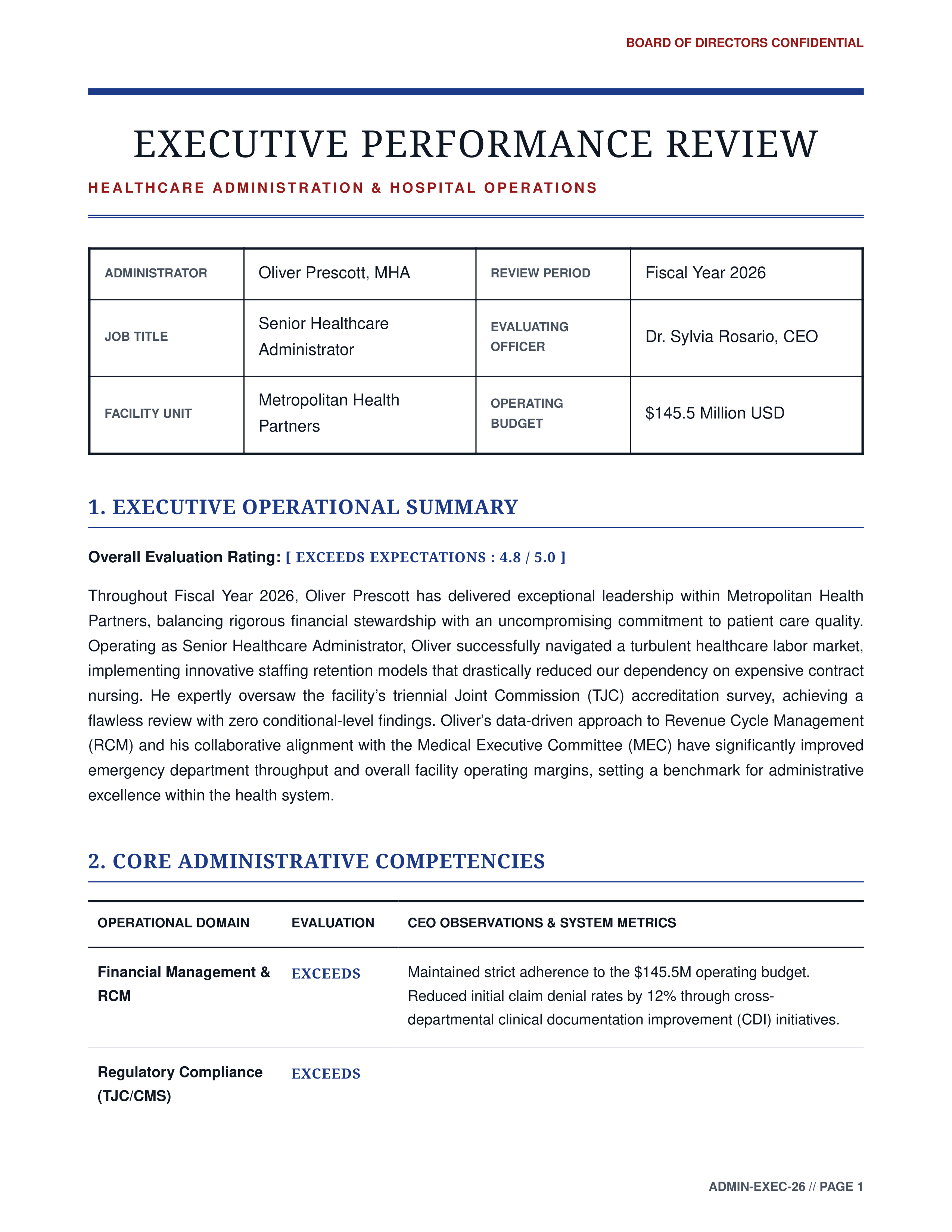 Healthcare Administrator Performance Review — page 1