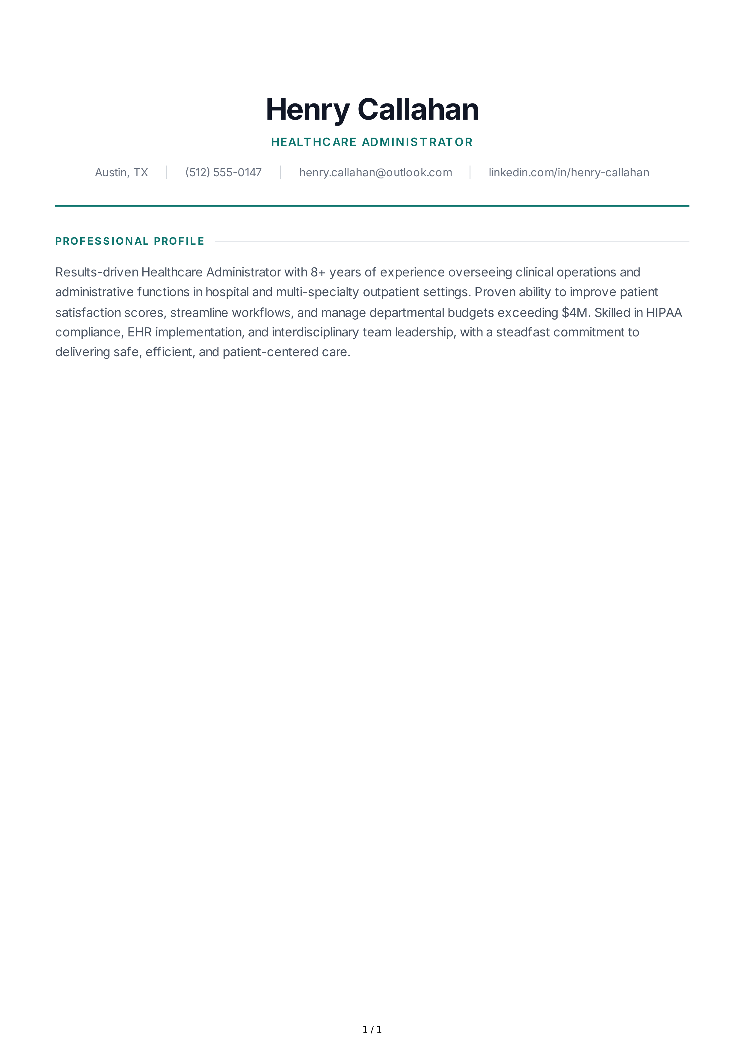 Healthcare Administrator Resume Profile — page 1