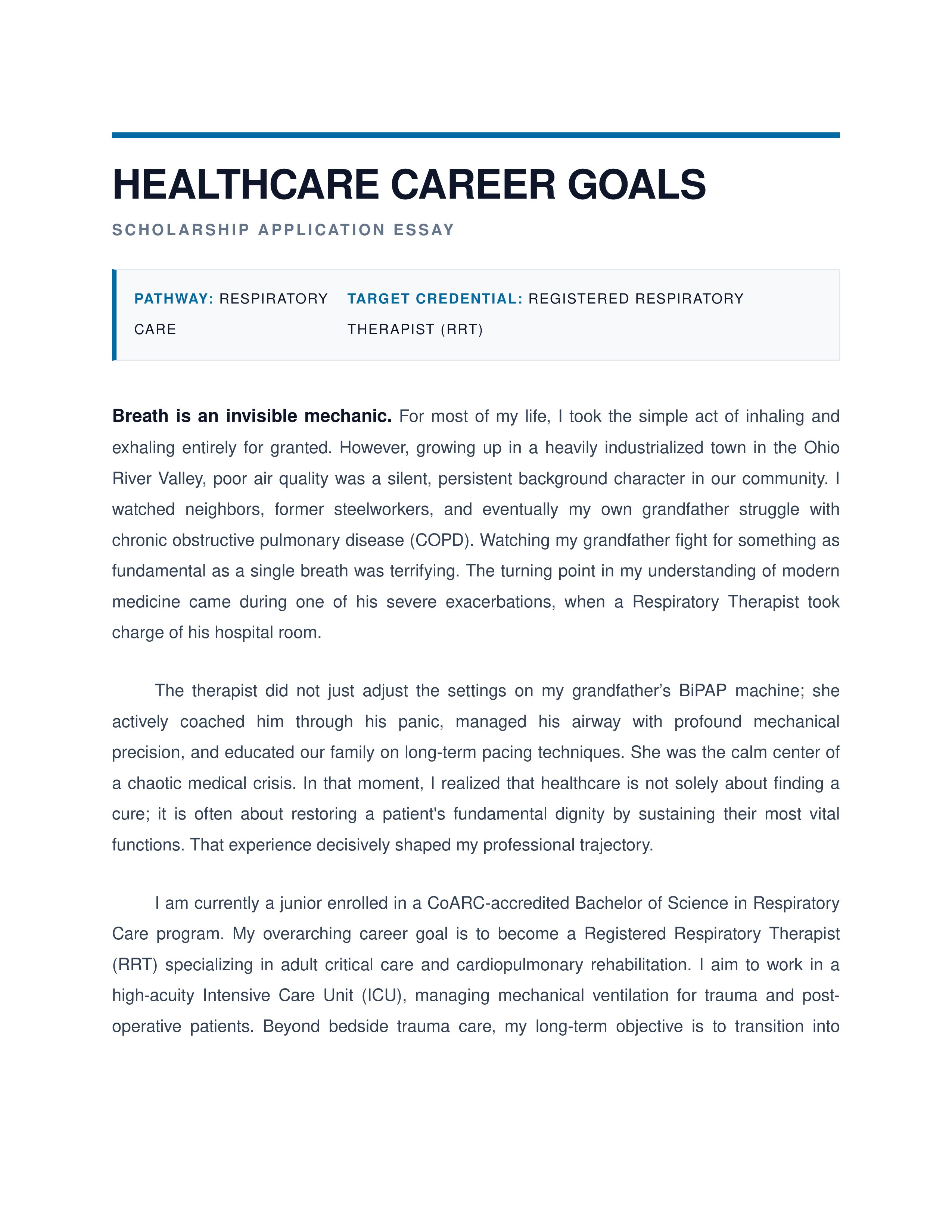 Healthcare Career Goals Scholarship Essay — page 1
