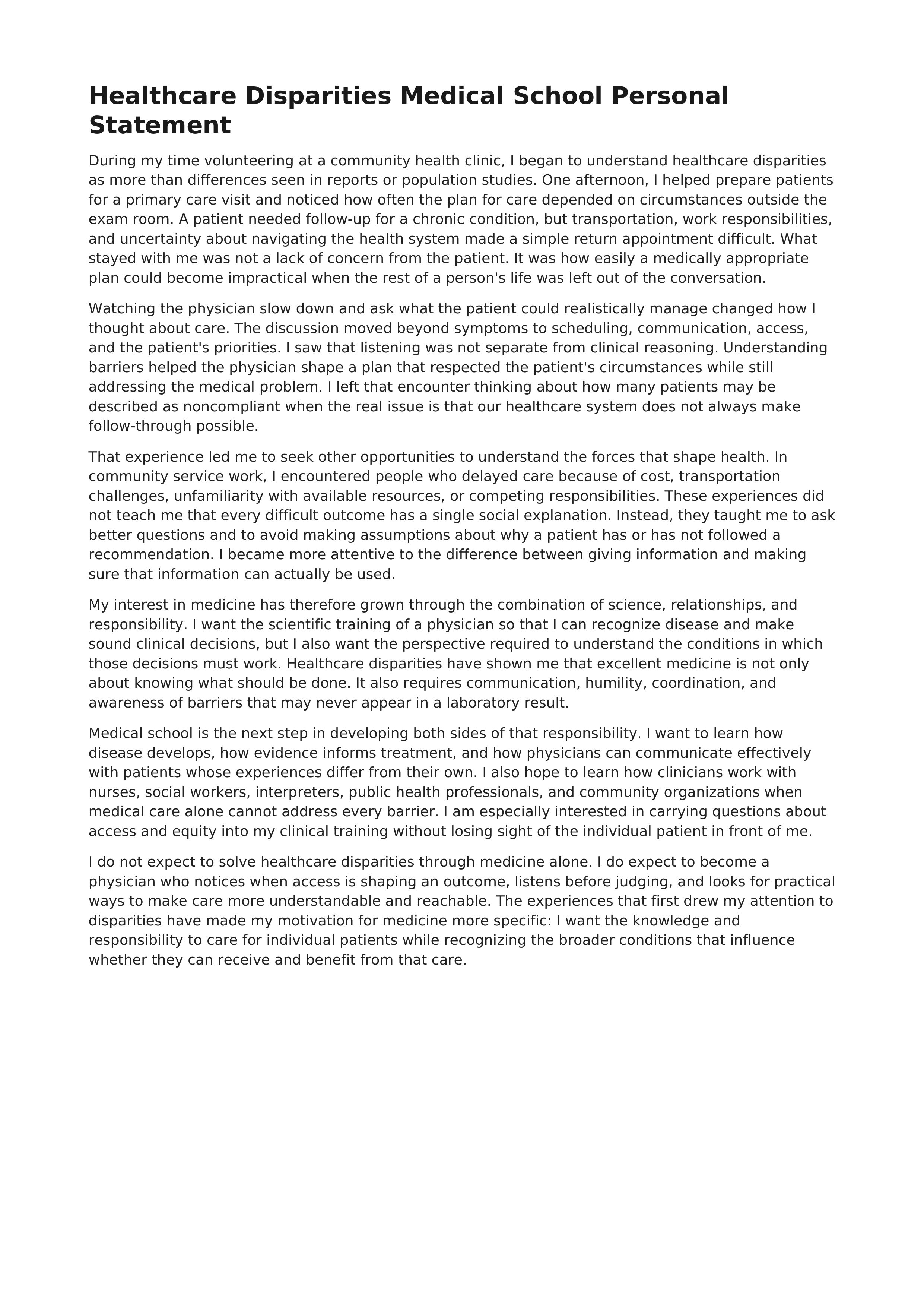 Healthcare Disparities Medical School Personal Statement — page 1