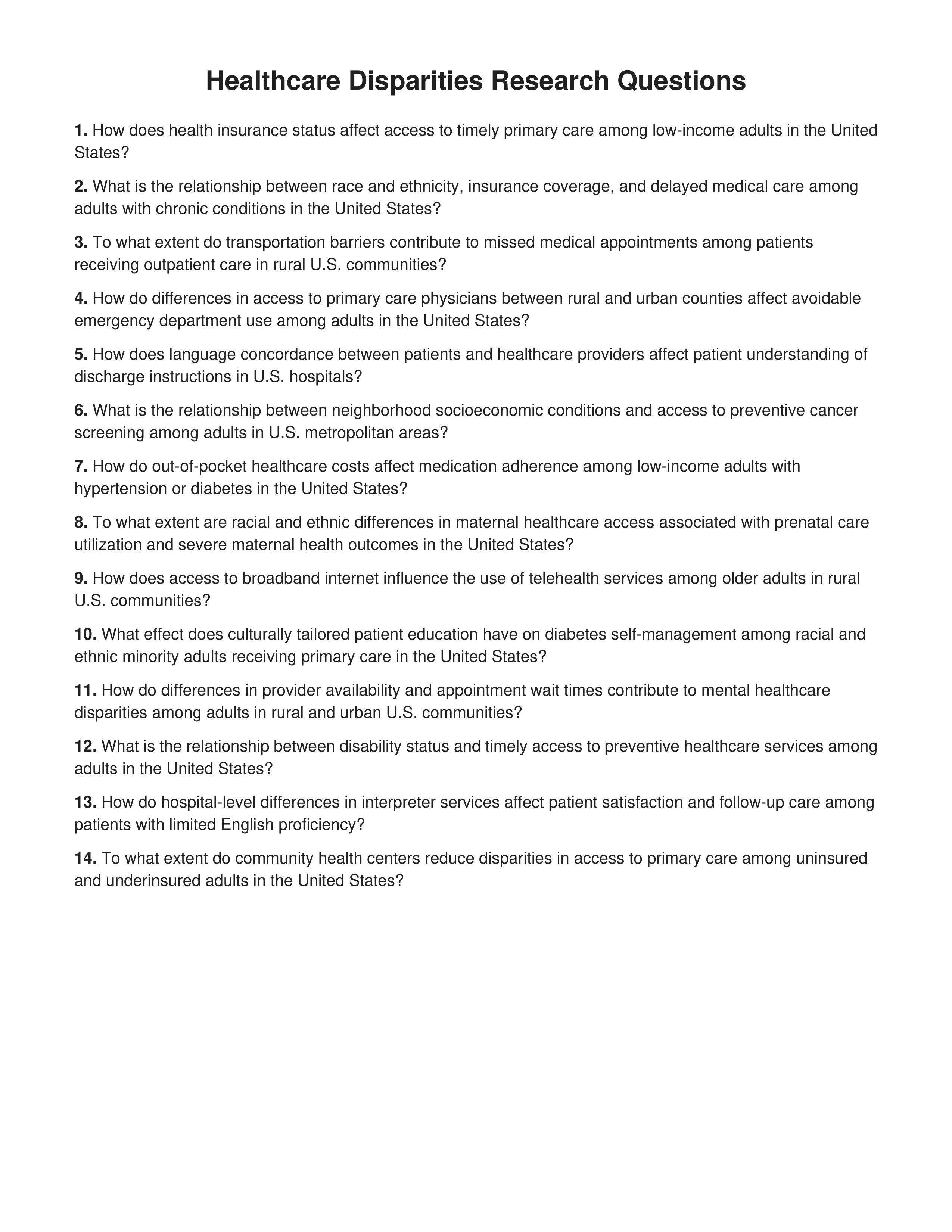Healthcare Disparities Research Questions — page 1