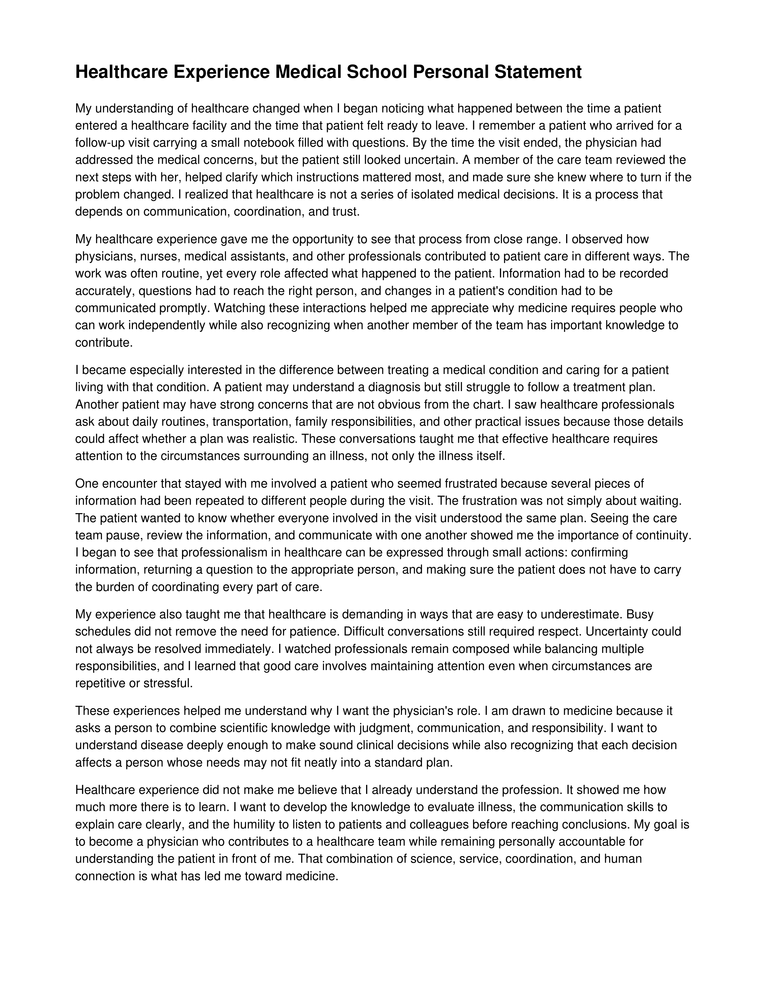 Healthcare Experience Medical School Personal Statement — page 1