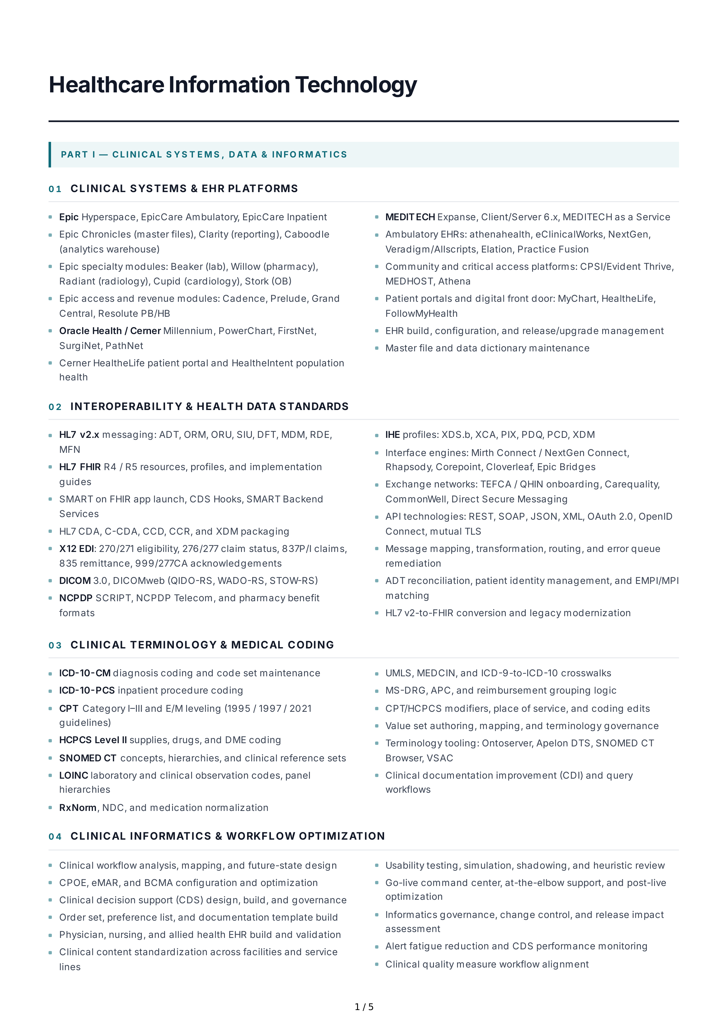 Healthcare Information Technology Technical Skills — page 1