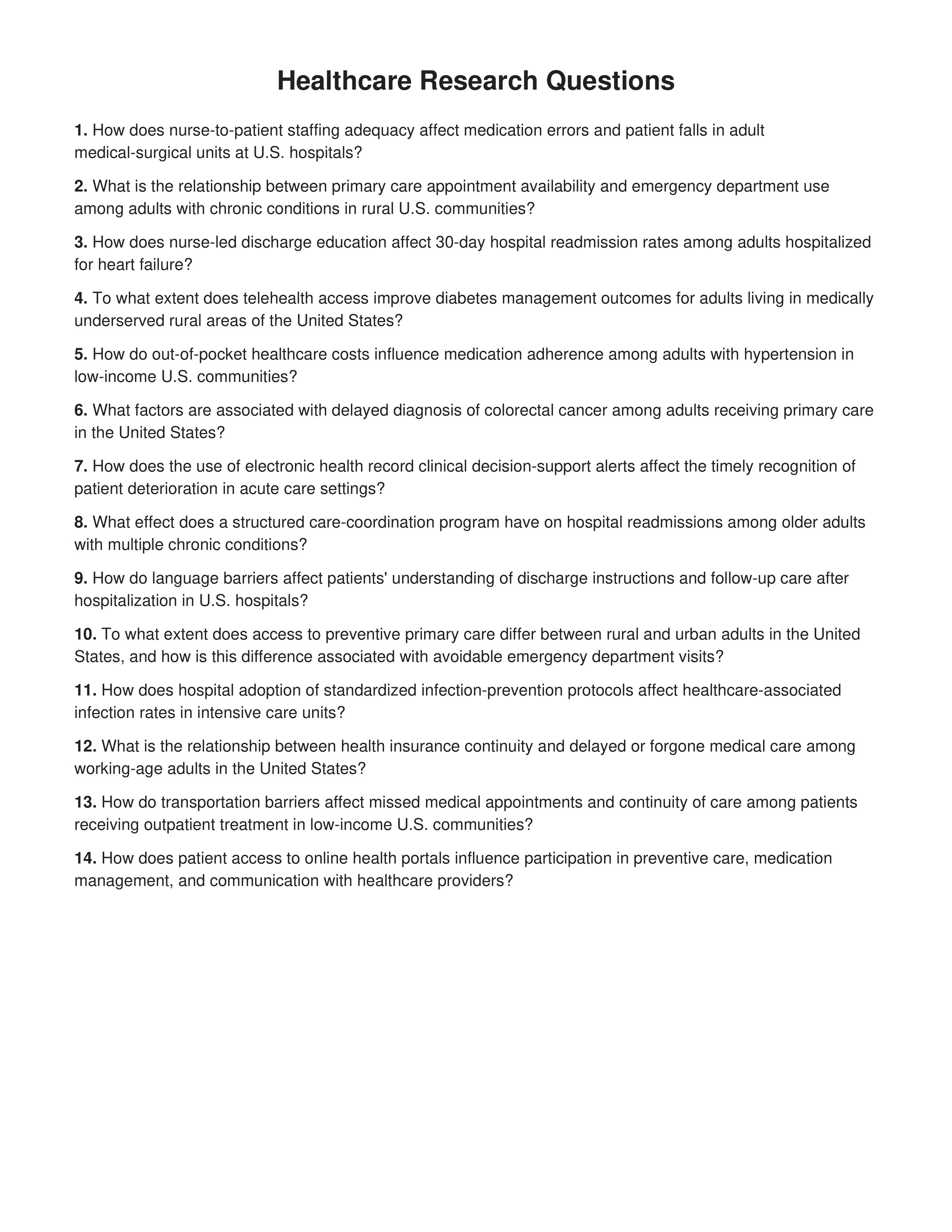 Healthcare Research Questions — page 1