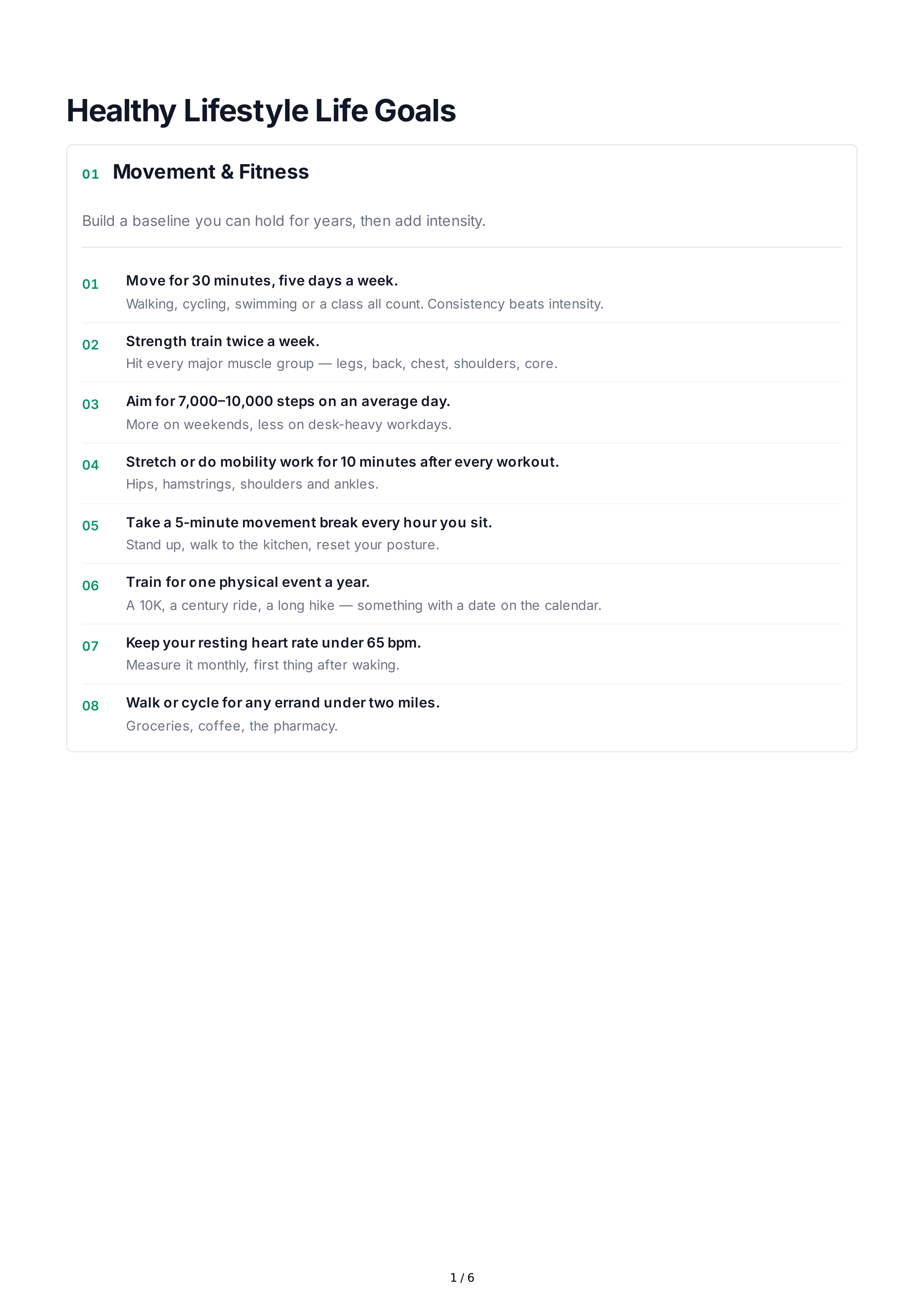Healthy Lifestyle Life Goals — page 1