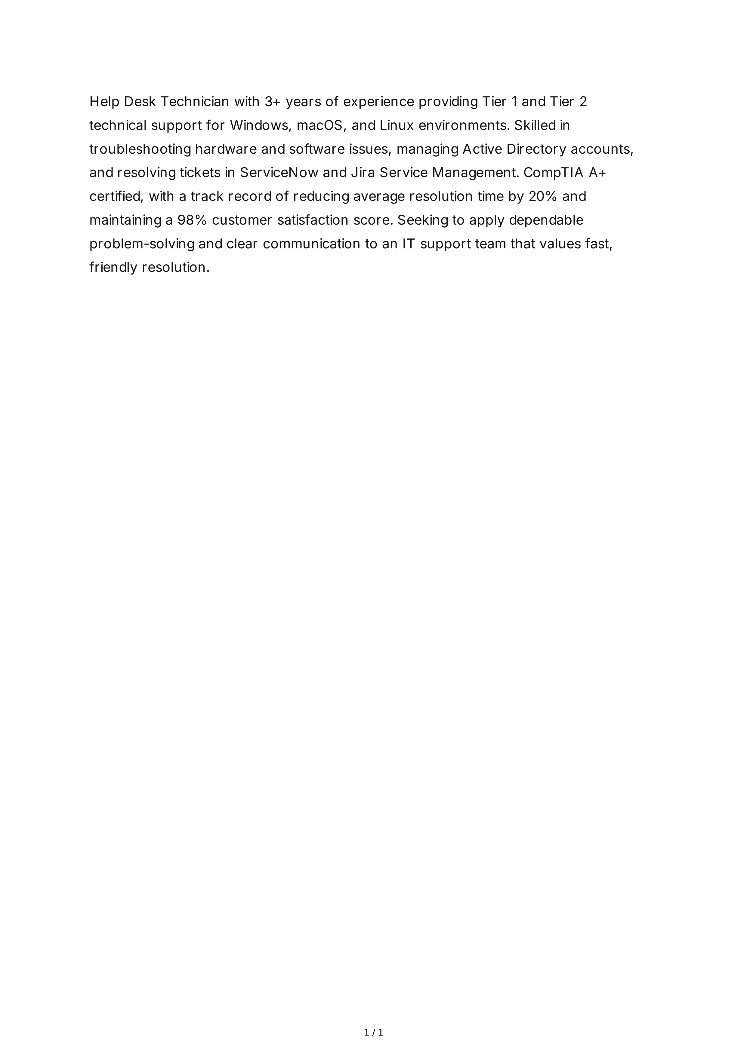 Help Desk Technician Resume Summary — page 1