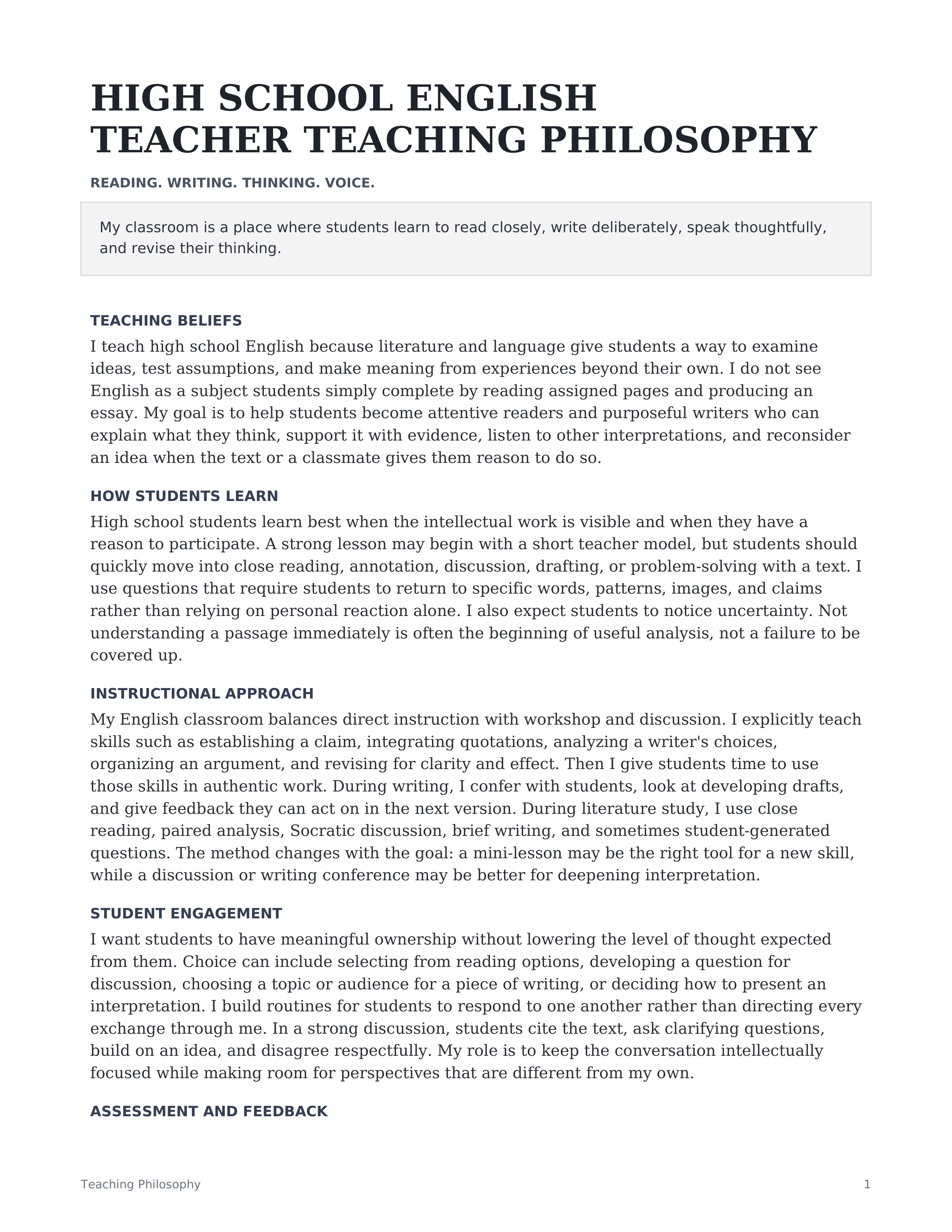 High School English Teacher Teaching Philosophy — page 1