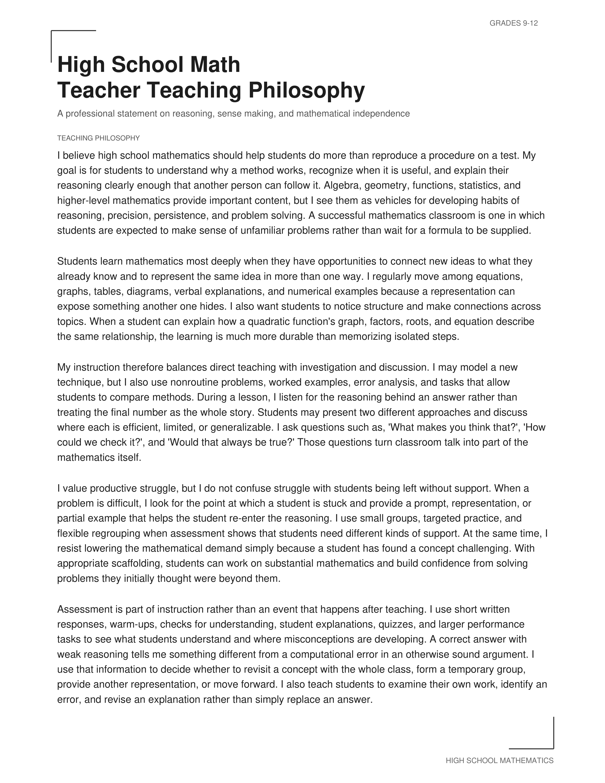 High School Math Teacher Teaching Philosophy — page 1