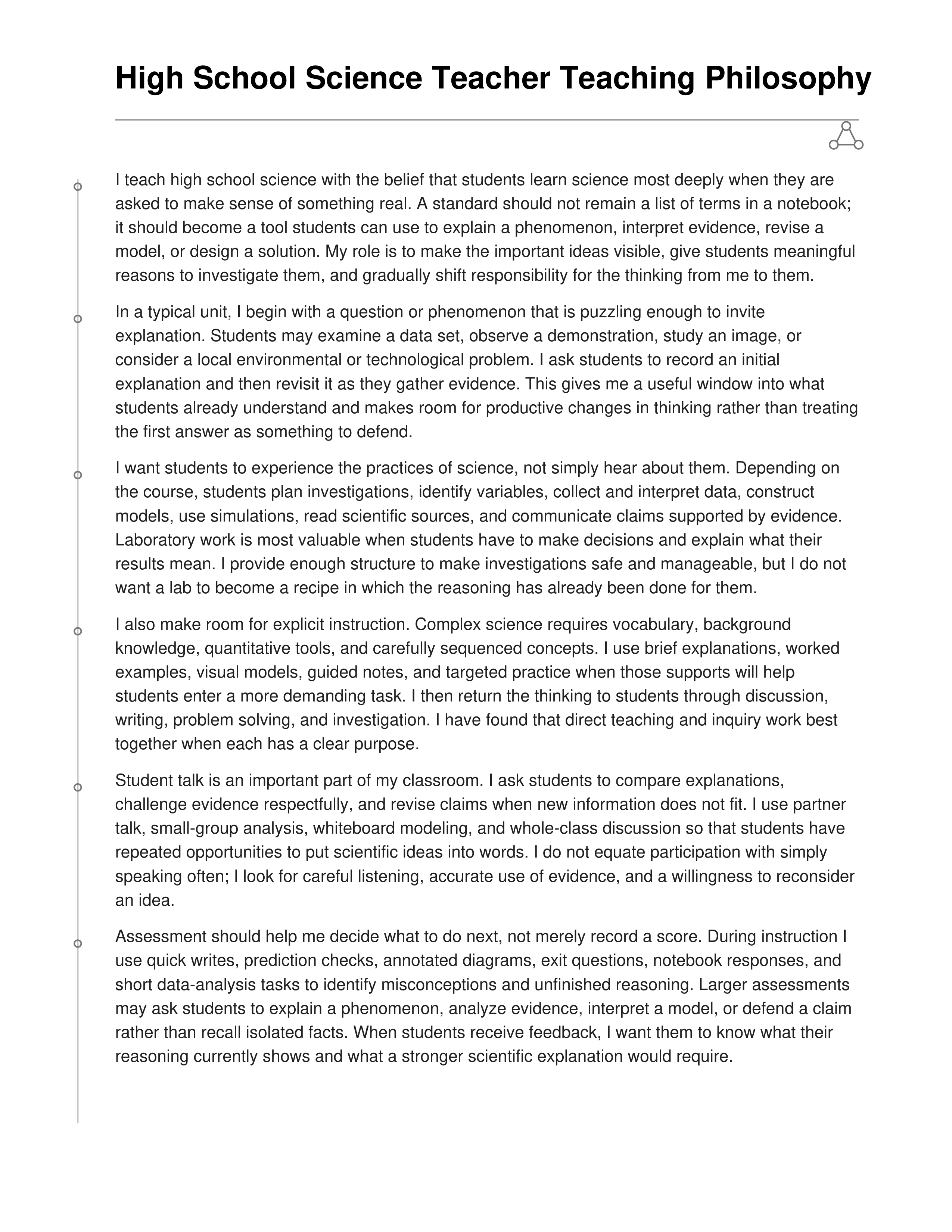High School Science Teacher Teaching Philosophy — page 1