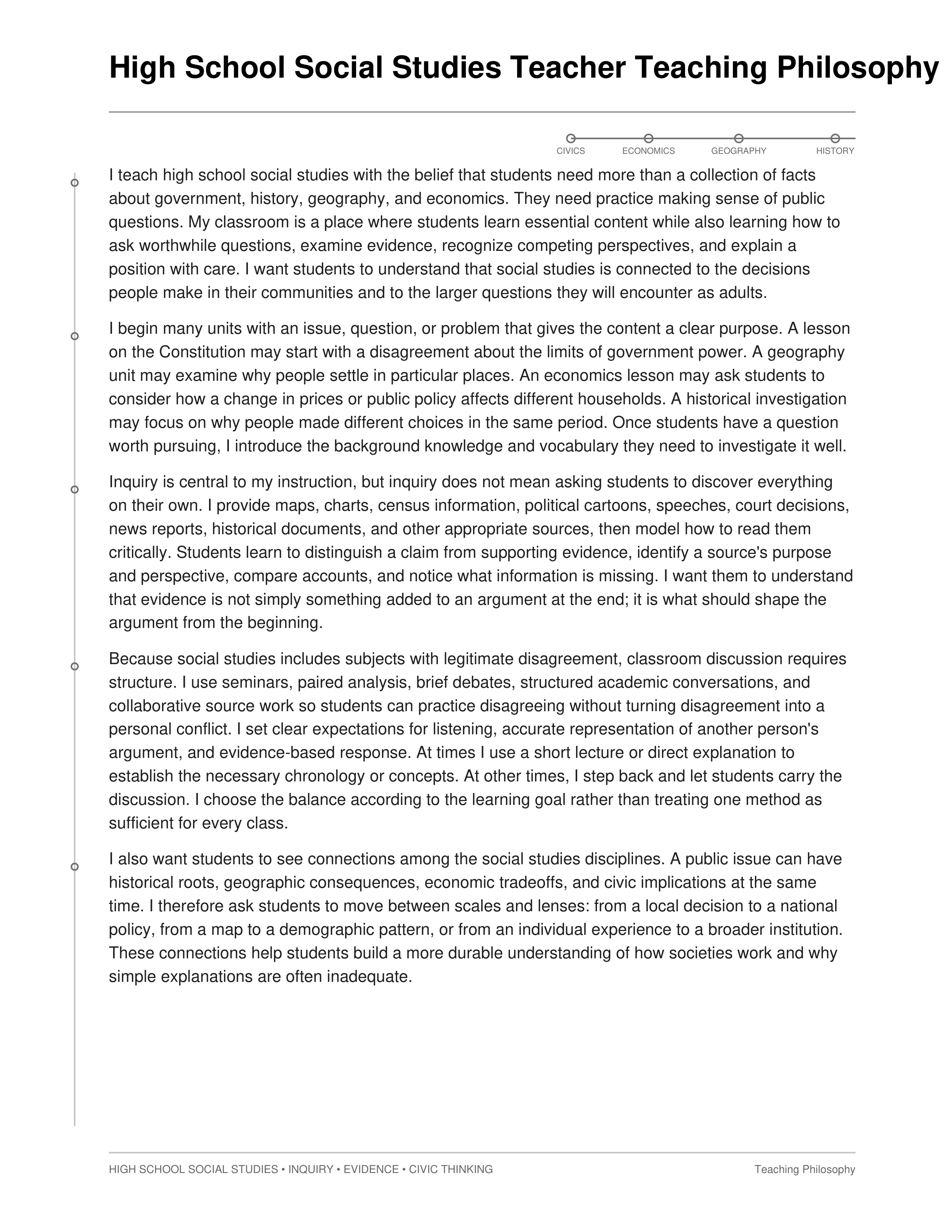 High School Social Studies Teacher Teaching Philosophy — page 1