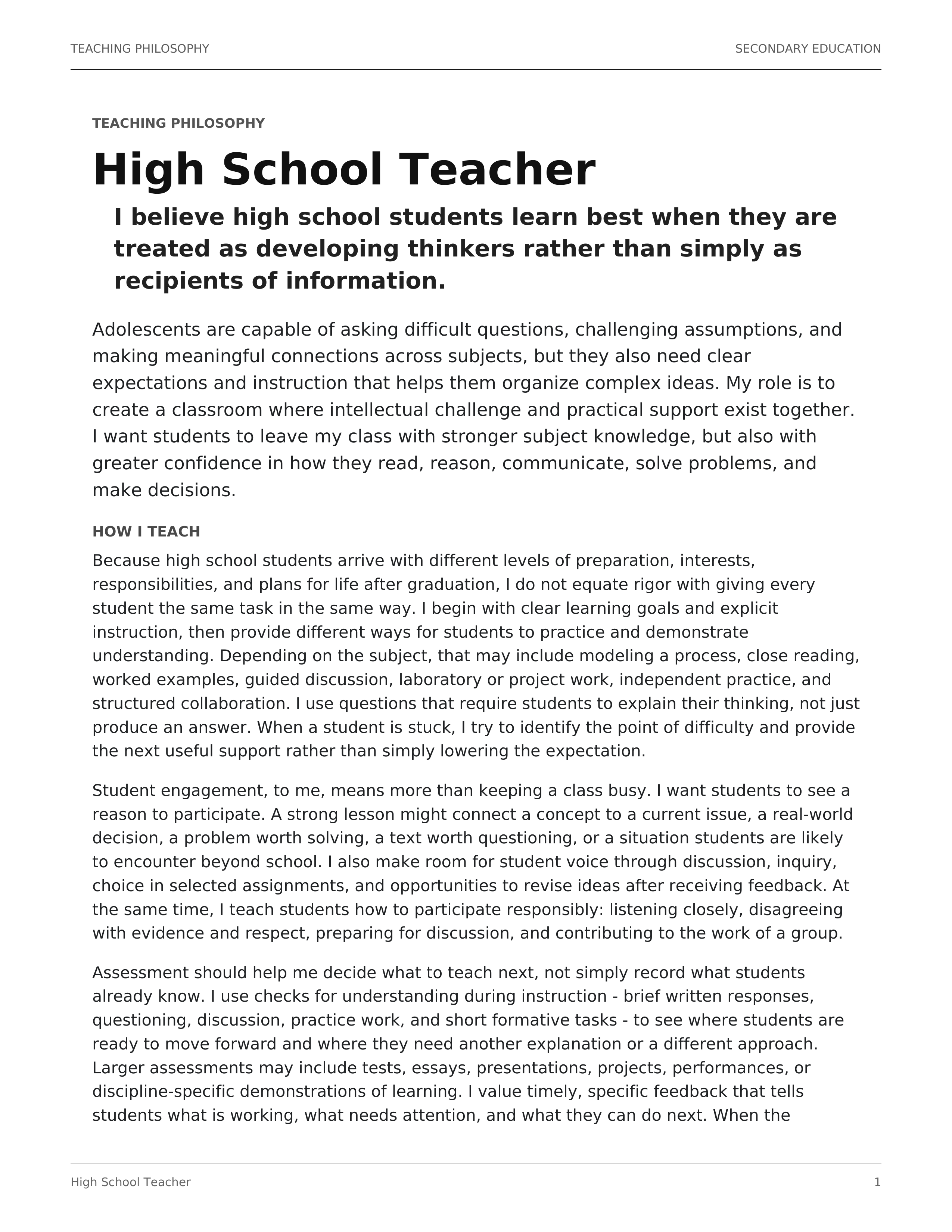 High School Teacher Teaching Philosophy — page 1