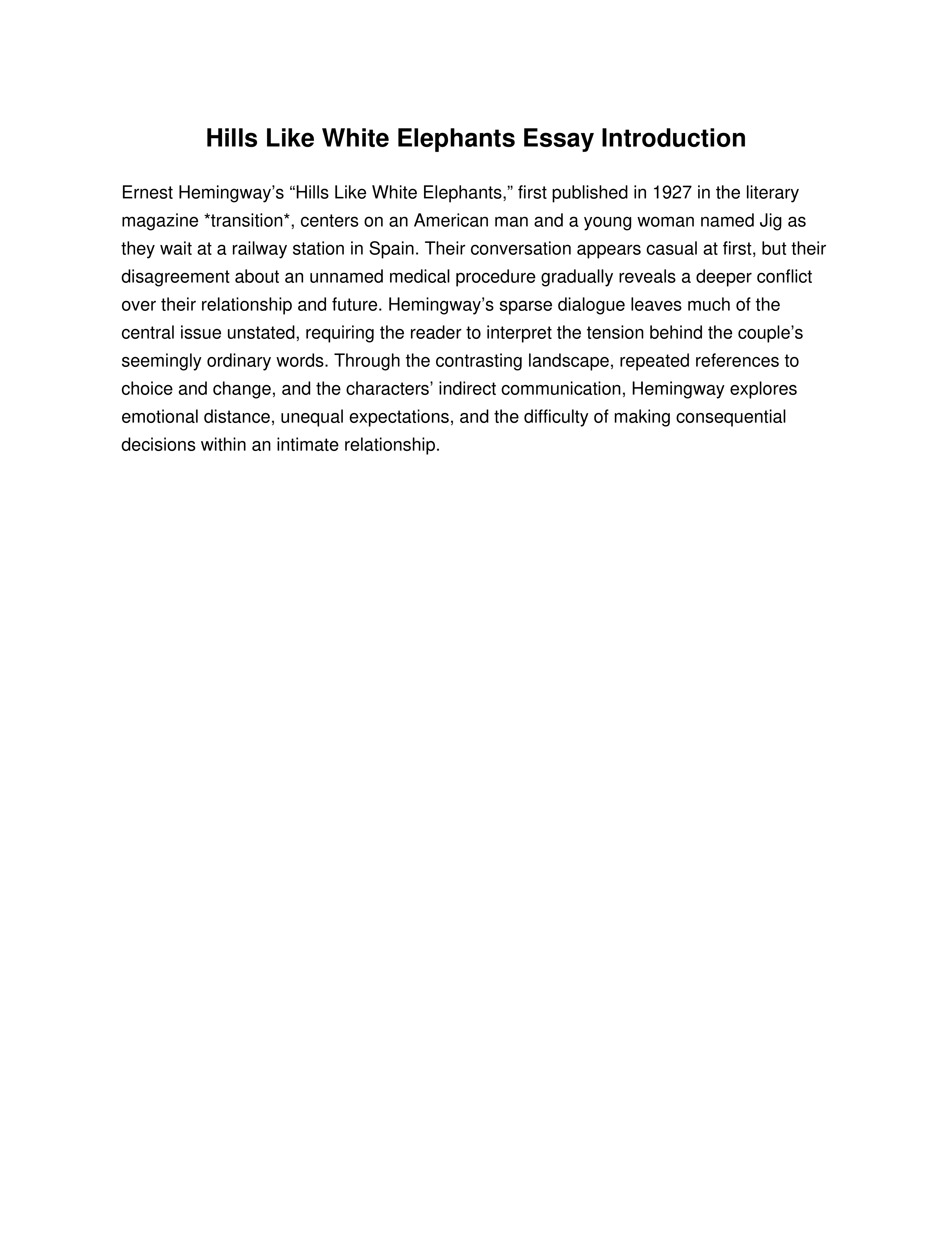 Hills Like White Elephants Essay Introduction — page 1