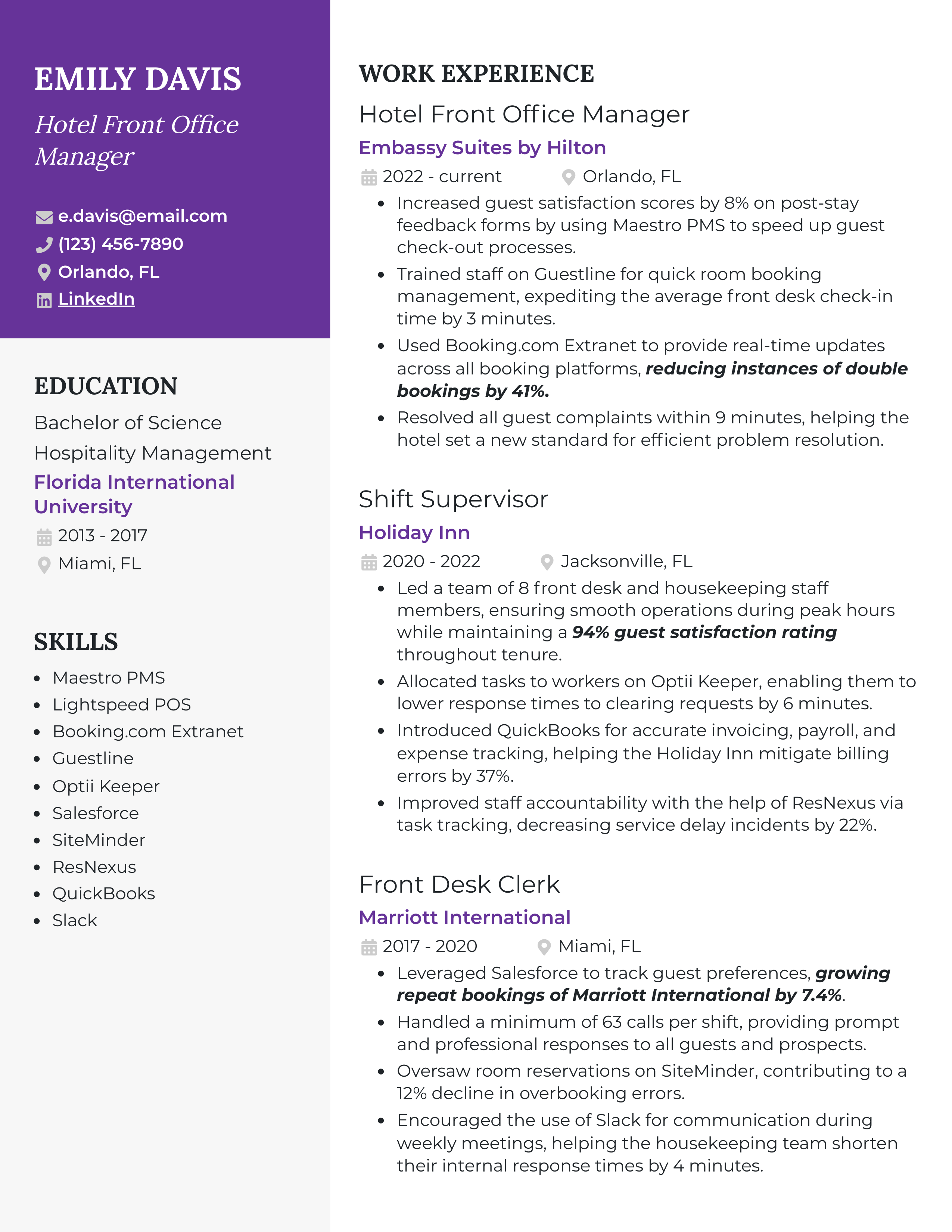 Hilton Hotel Front Office Manager Resume — page 1