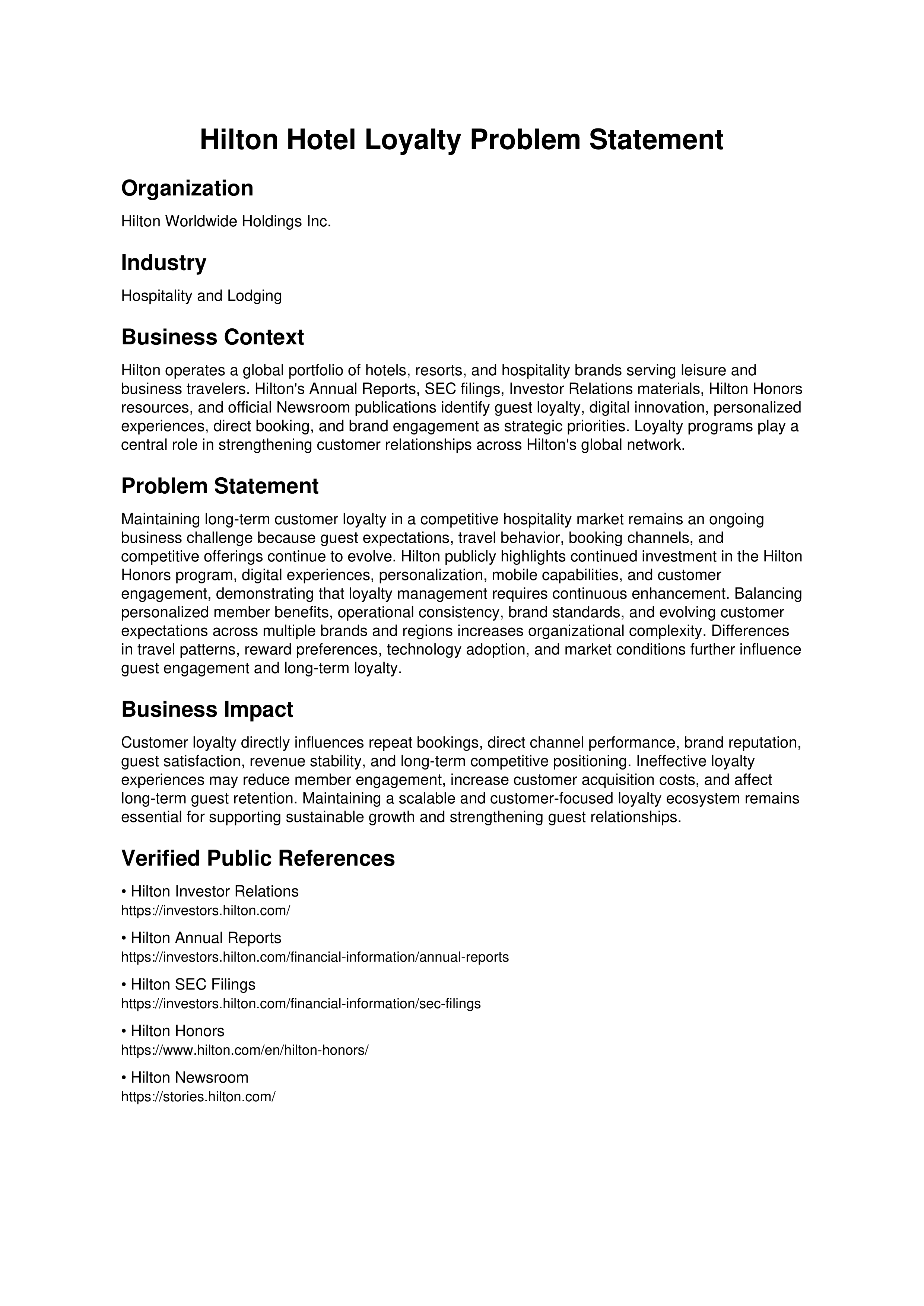 Hilton Hotel Loyalty Problem Statement — page 1