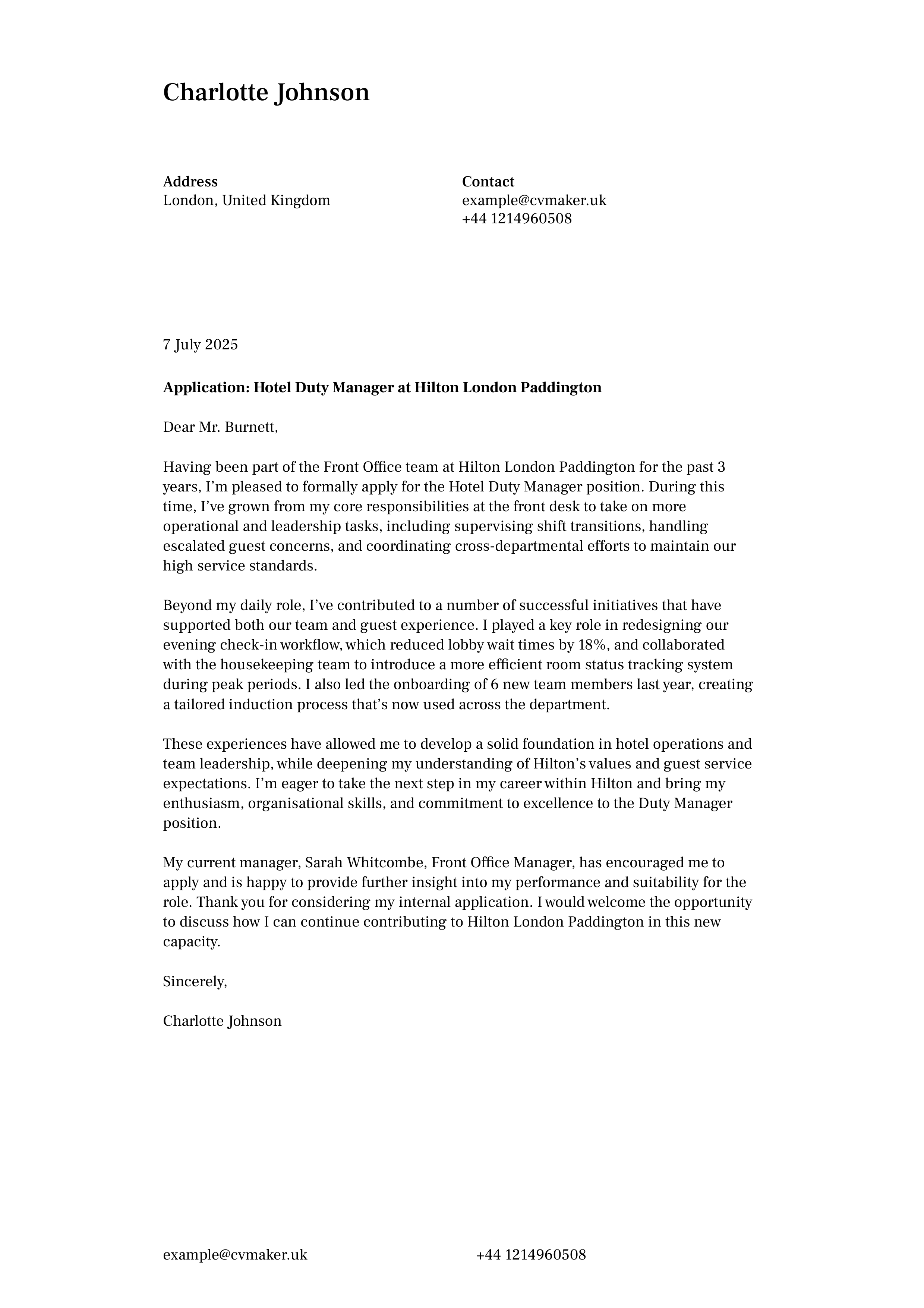 Hilton Hotel Manager Cover Letter — page 1