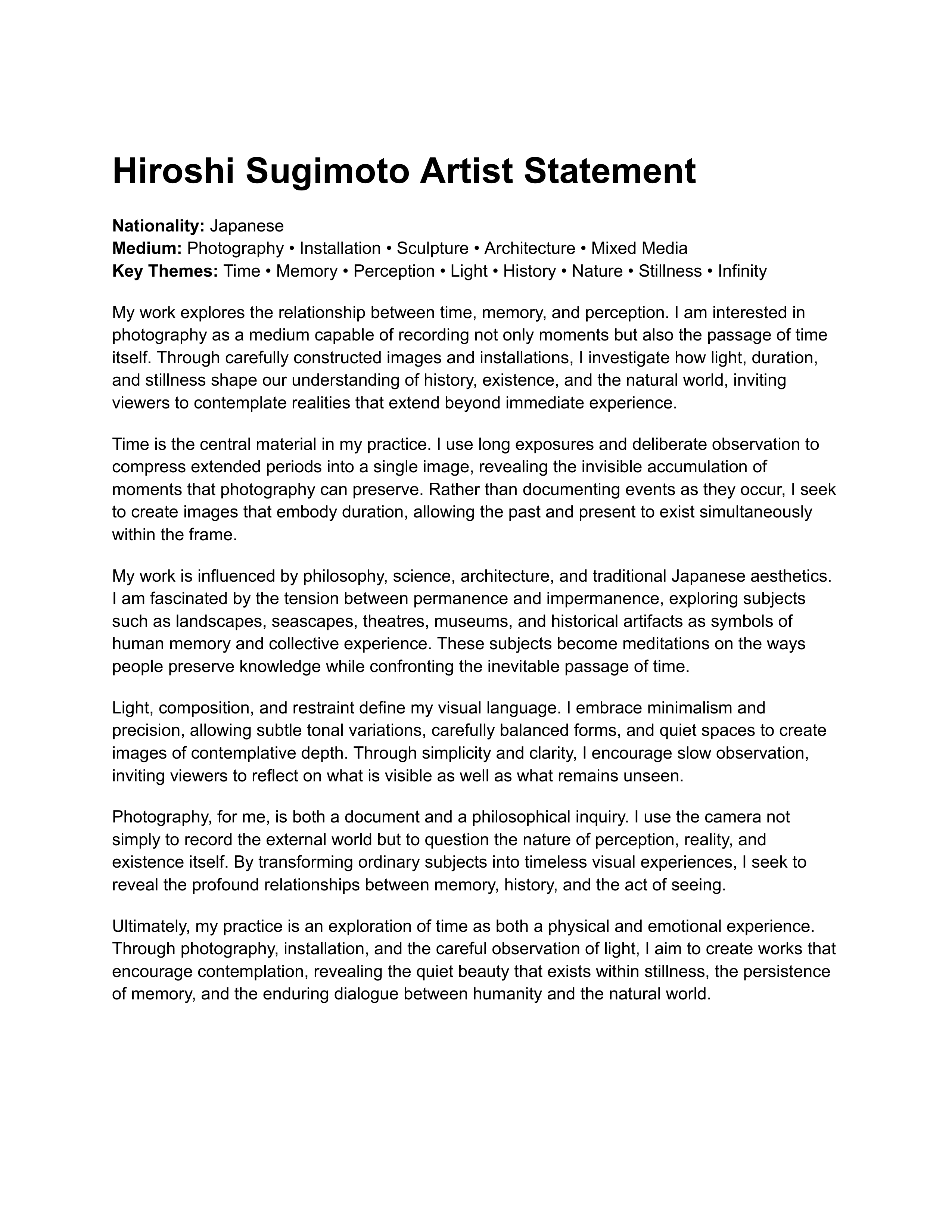 Hiroshi Sugimoto Artist Statement — page 1