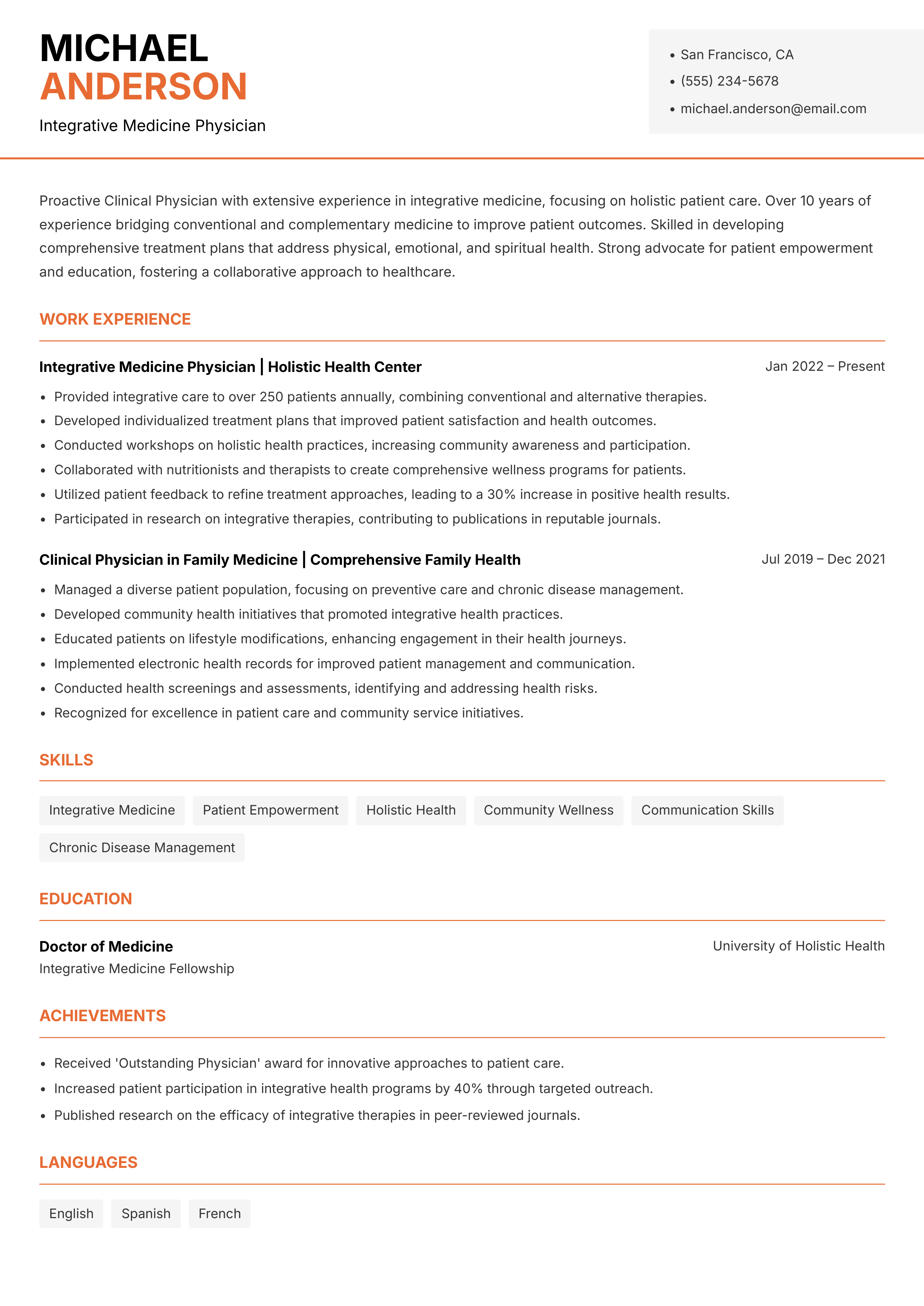 Holistic Health Center Medicine Physician Resume — page 1