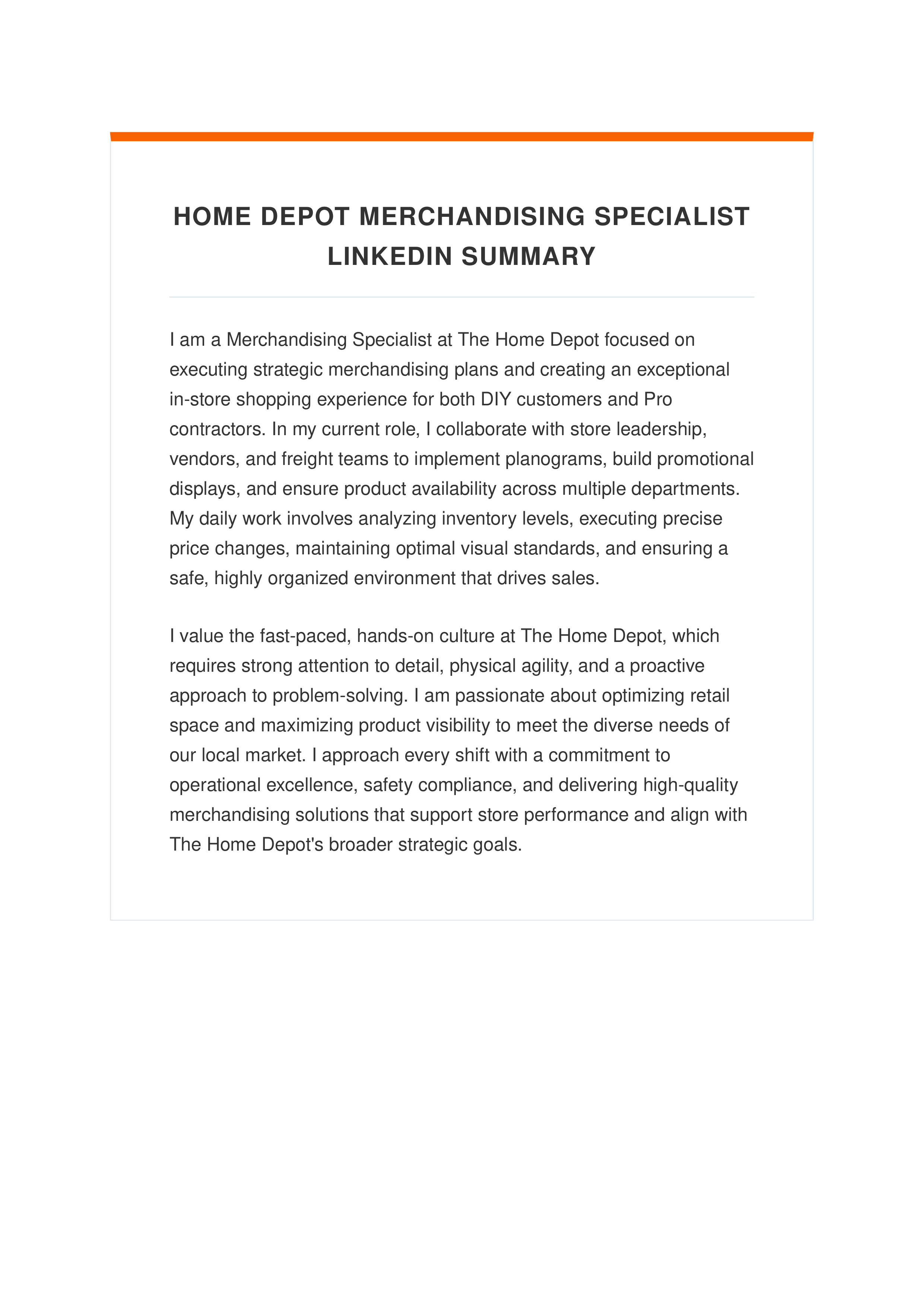 Home Depot Merchandising Specialist LinkedIn Summary — page 1