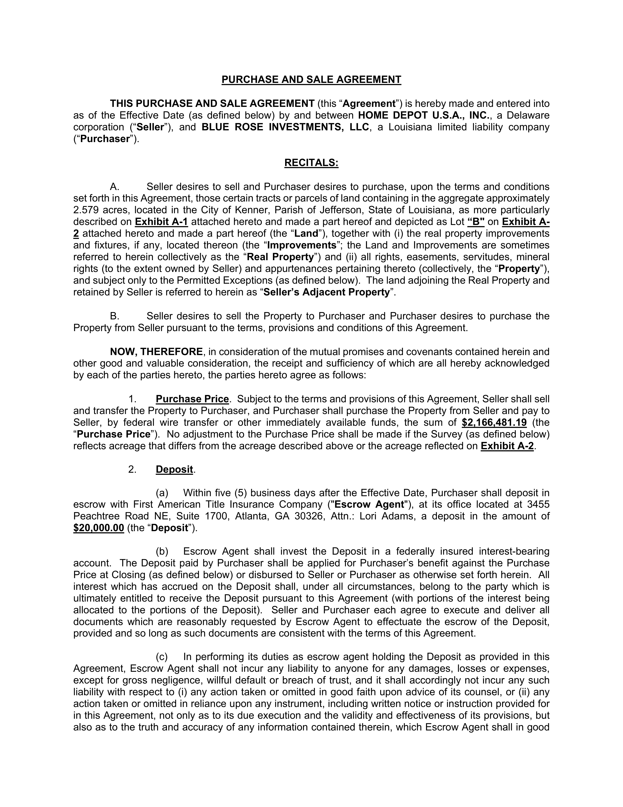 Home Depot Purchase and Sale Agreement — page 1