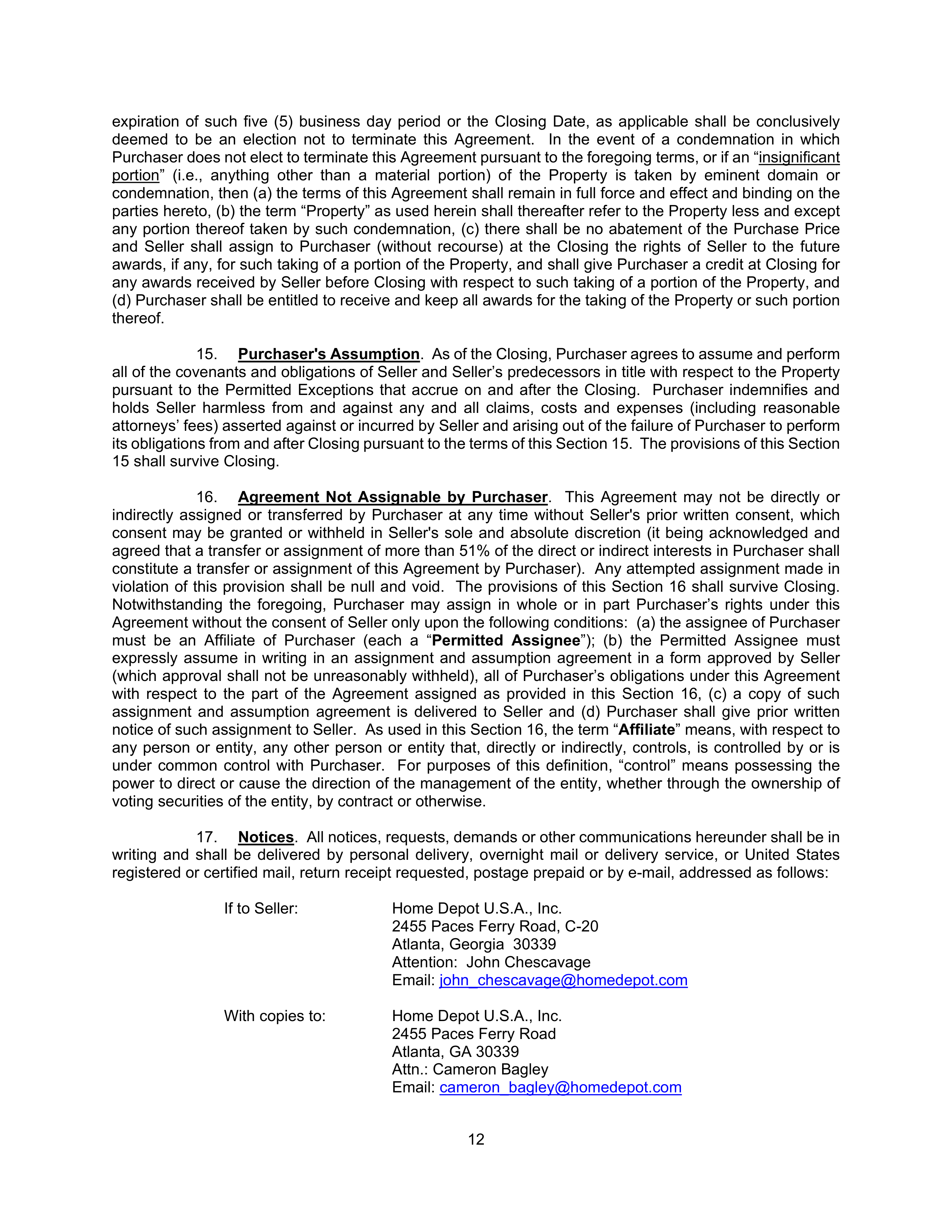 Home Depot Purchase and Sale Agreement — page 12