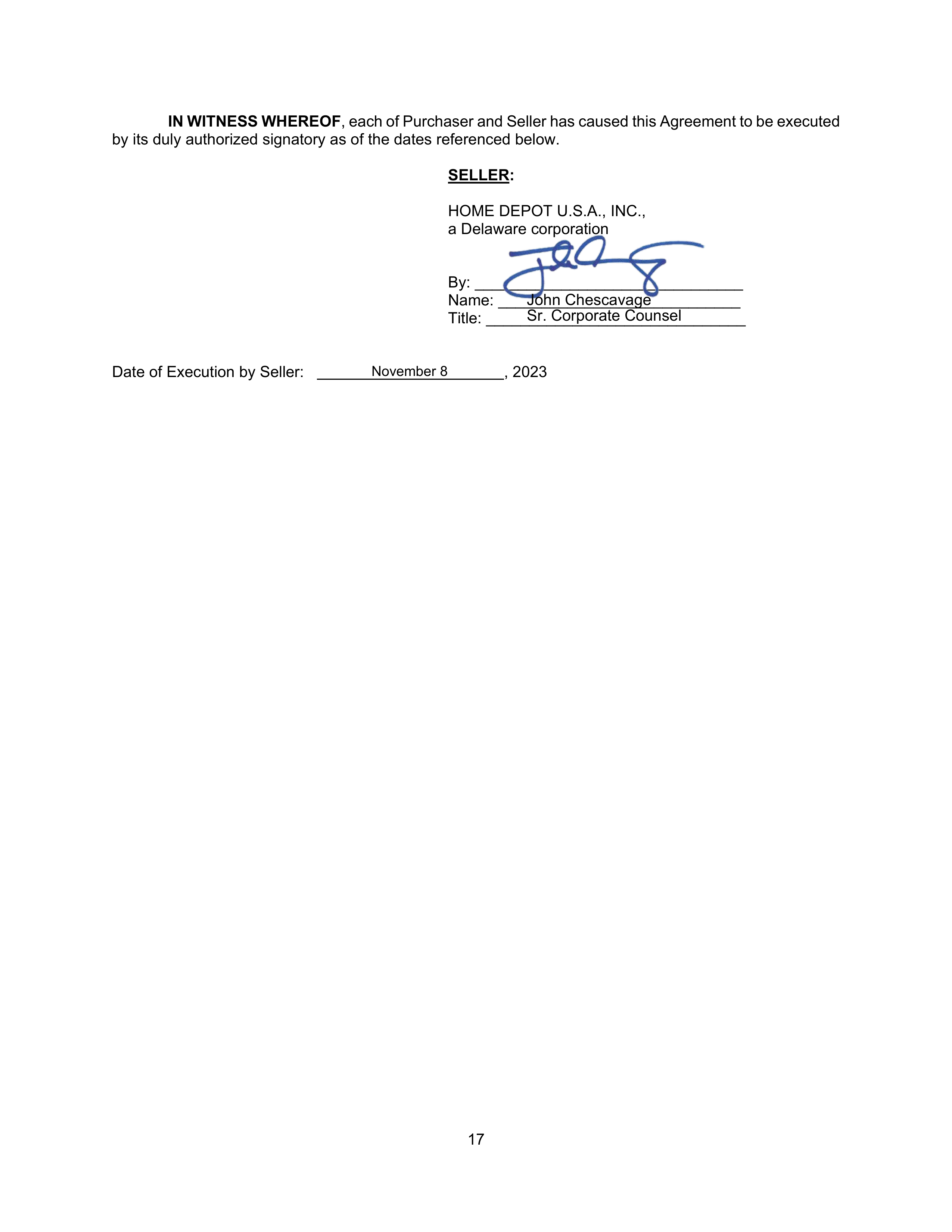 Home Depot Purchase and Sale Agreement — page 17