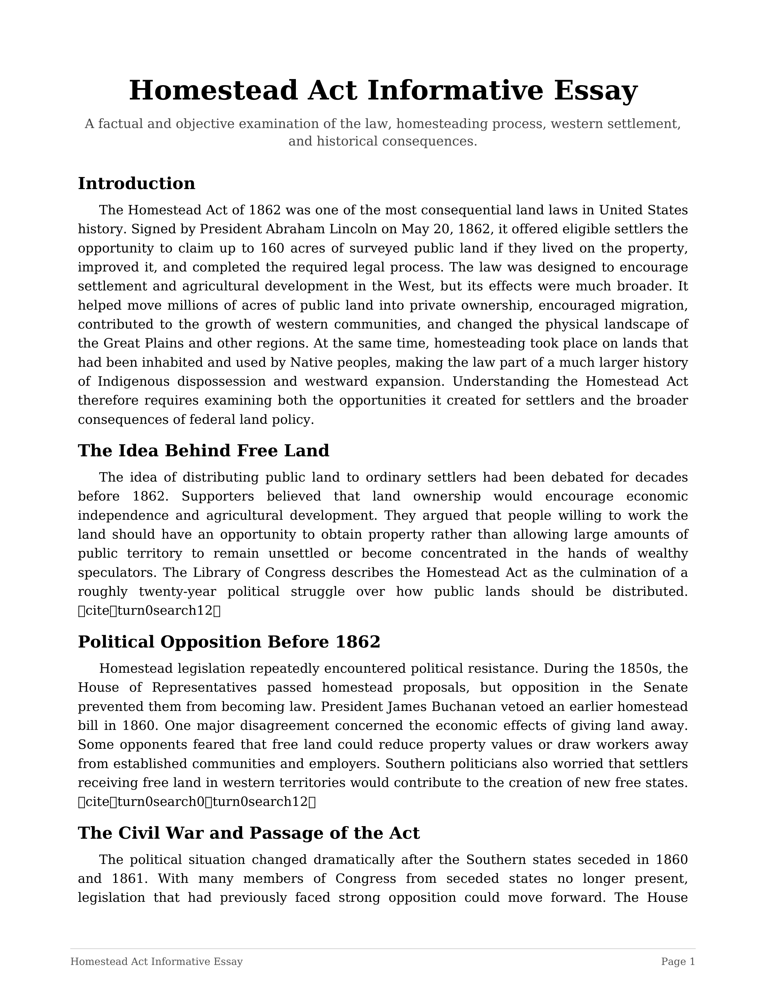 Homestead Act Informative Essay — page 1