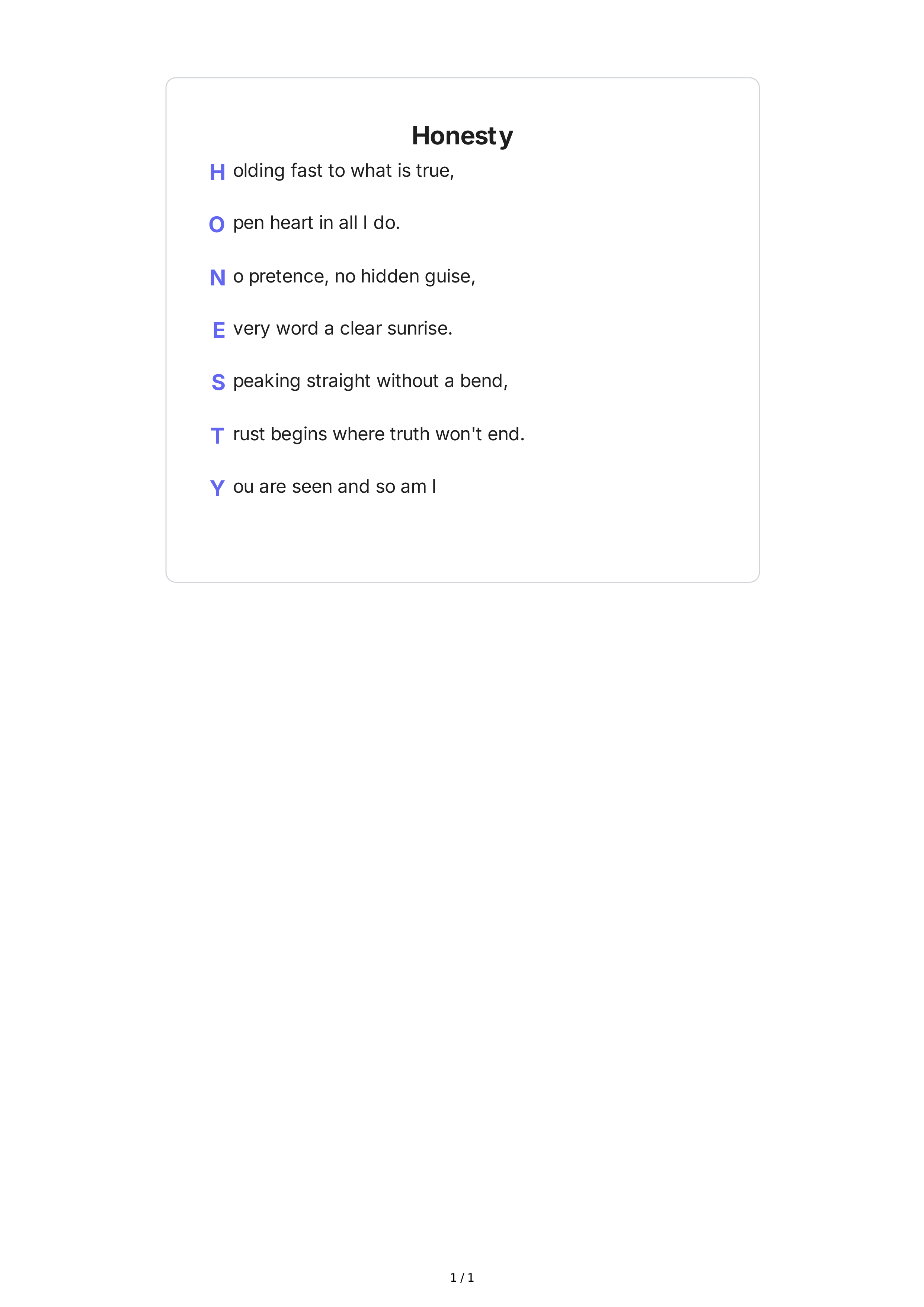 Honesty Acrostic Poem — page 1