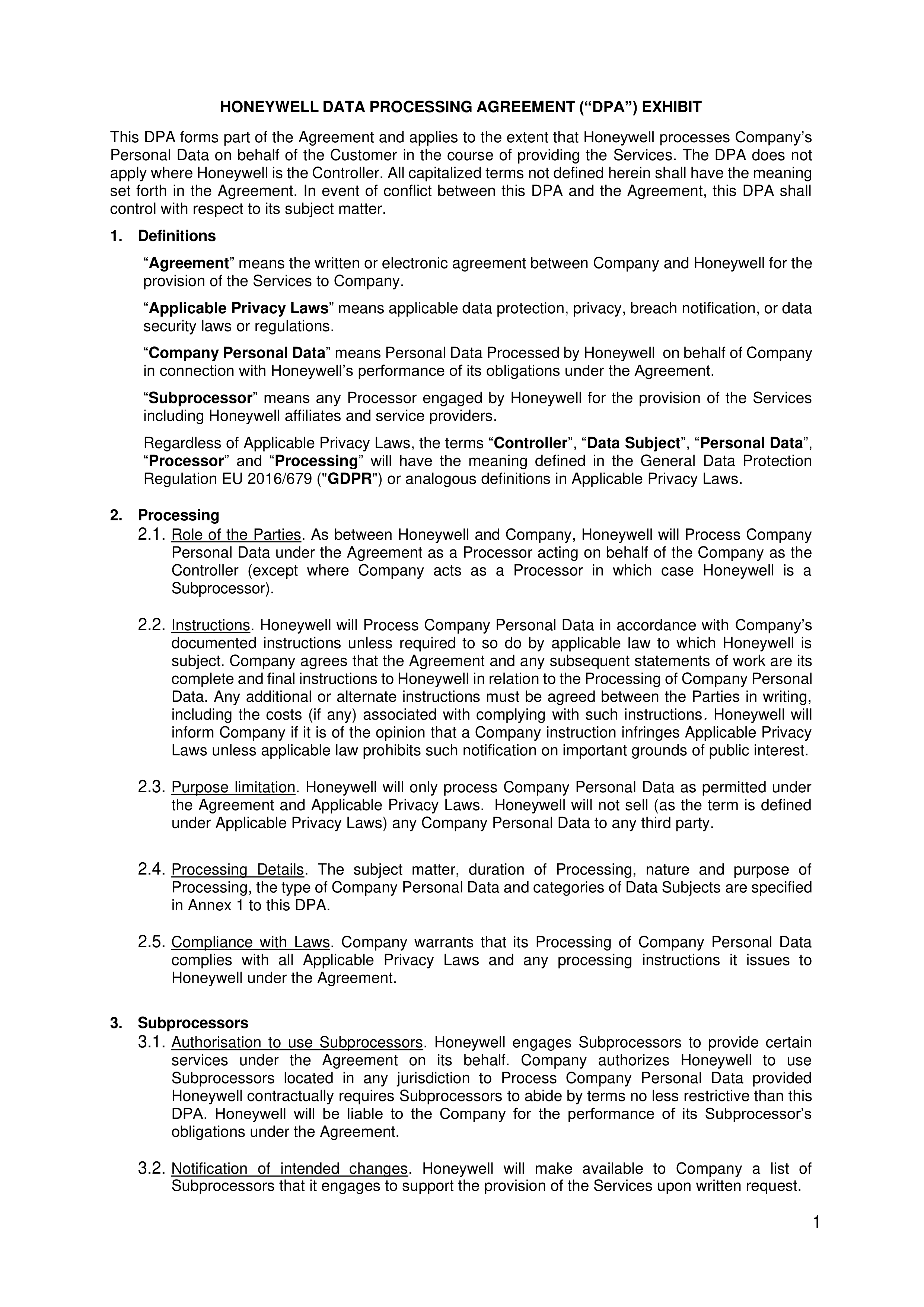 Honeywell Data Processing Agreement — page 1