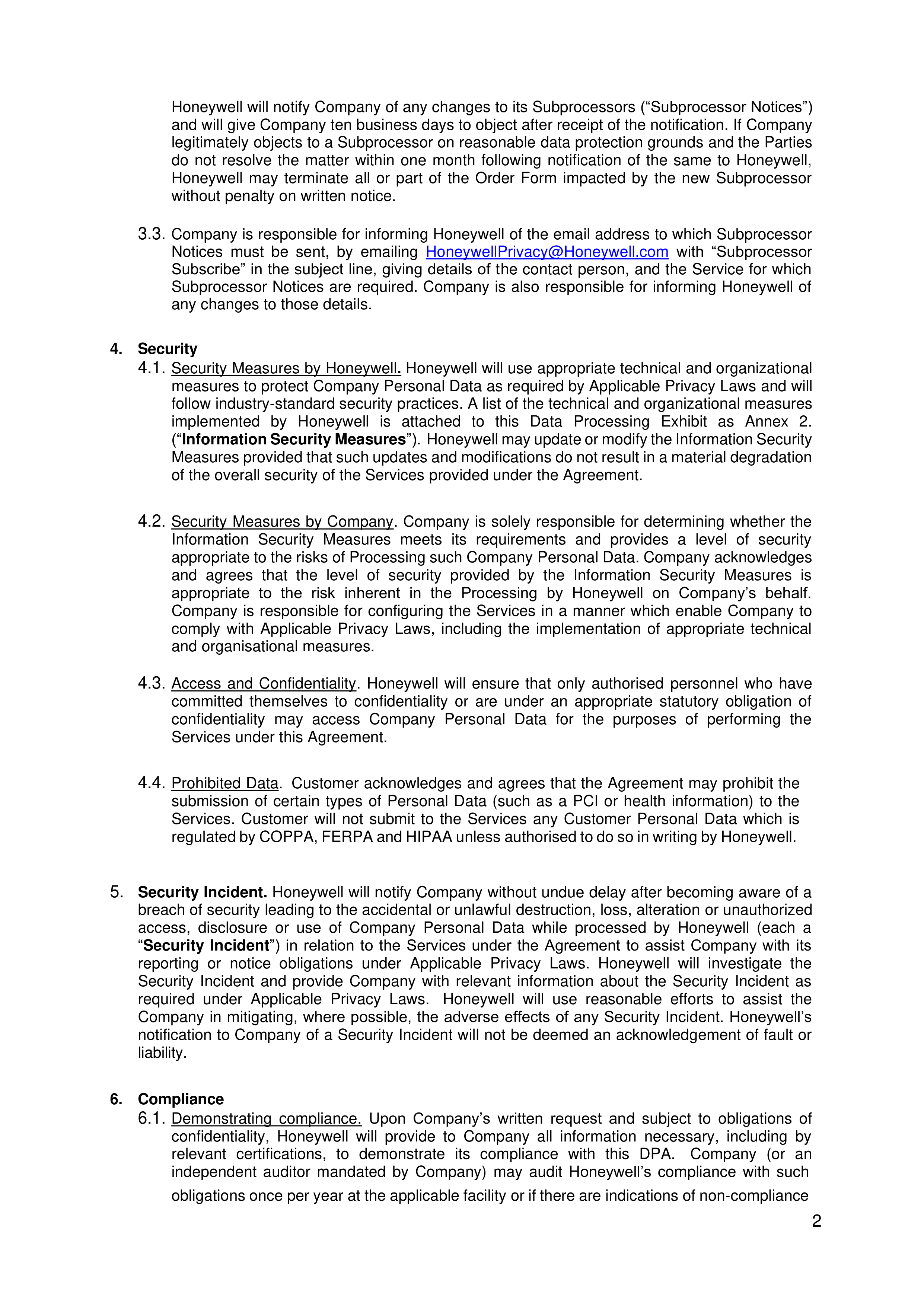 Honeywell Data Processing Agreement — page 2