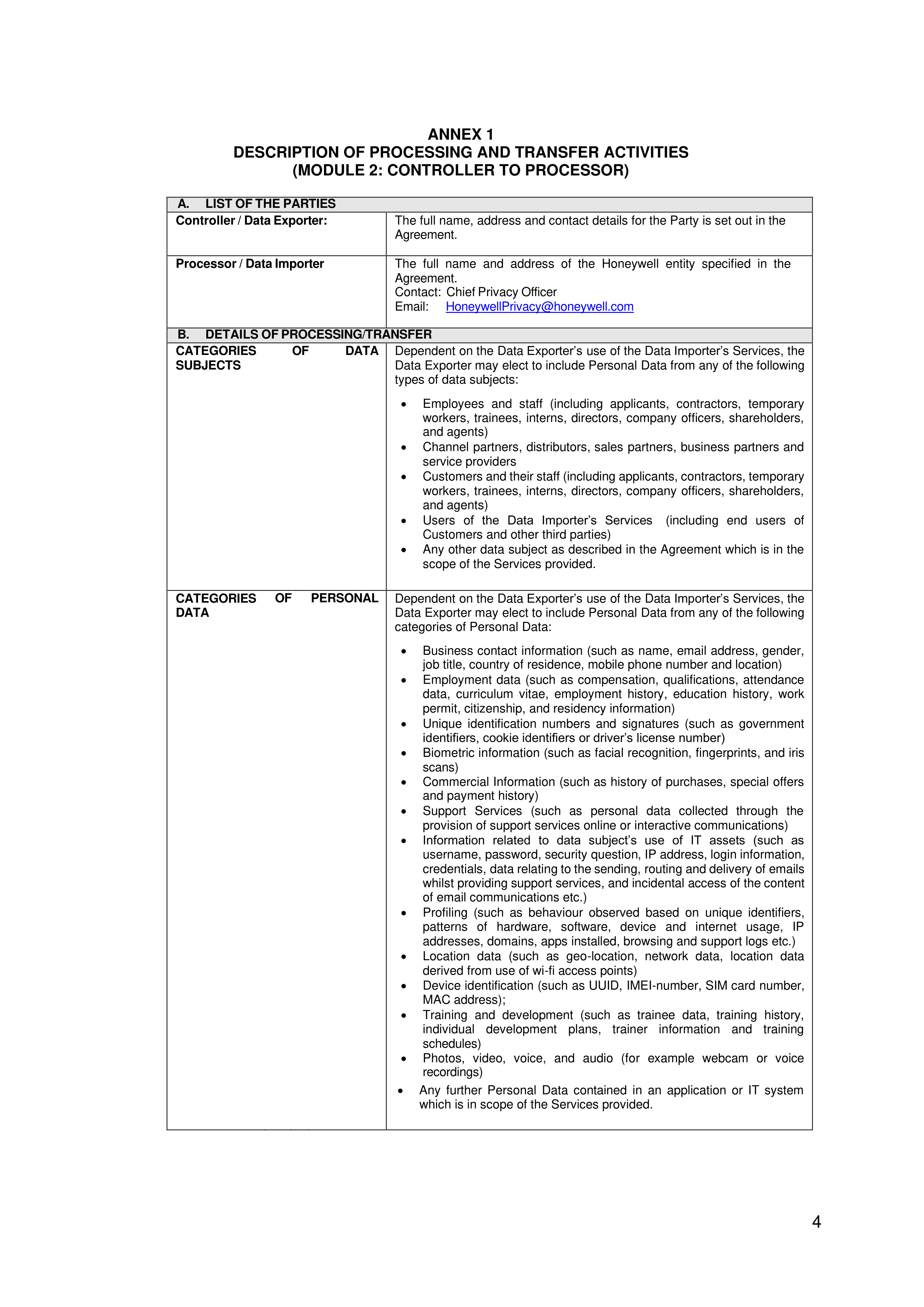 Honeywell Data Processing Agreement — page 4