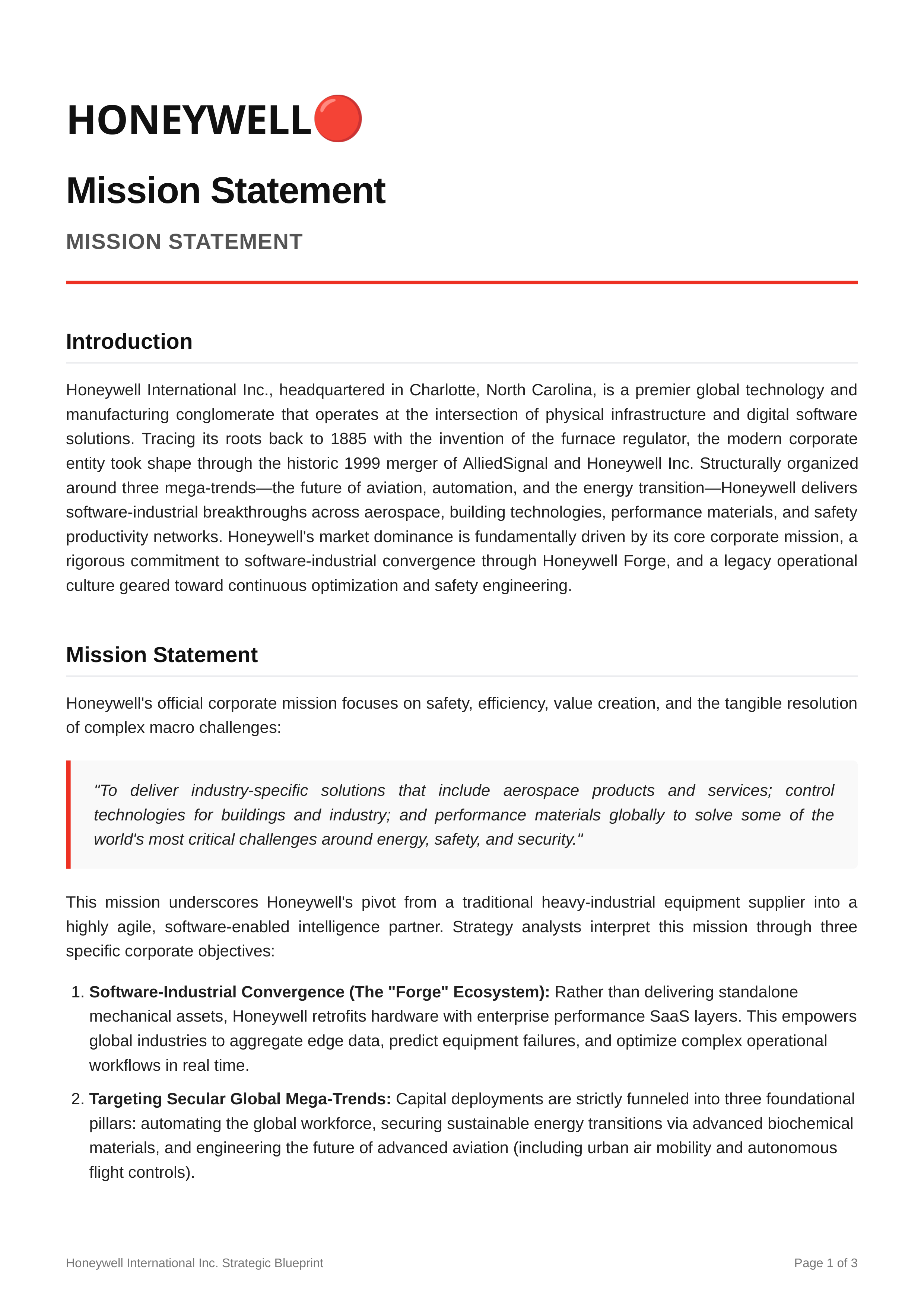 Honeywell International Mission Statement — page 1
