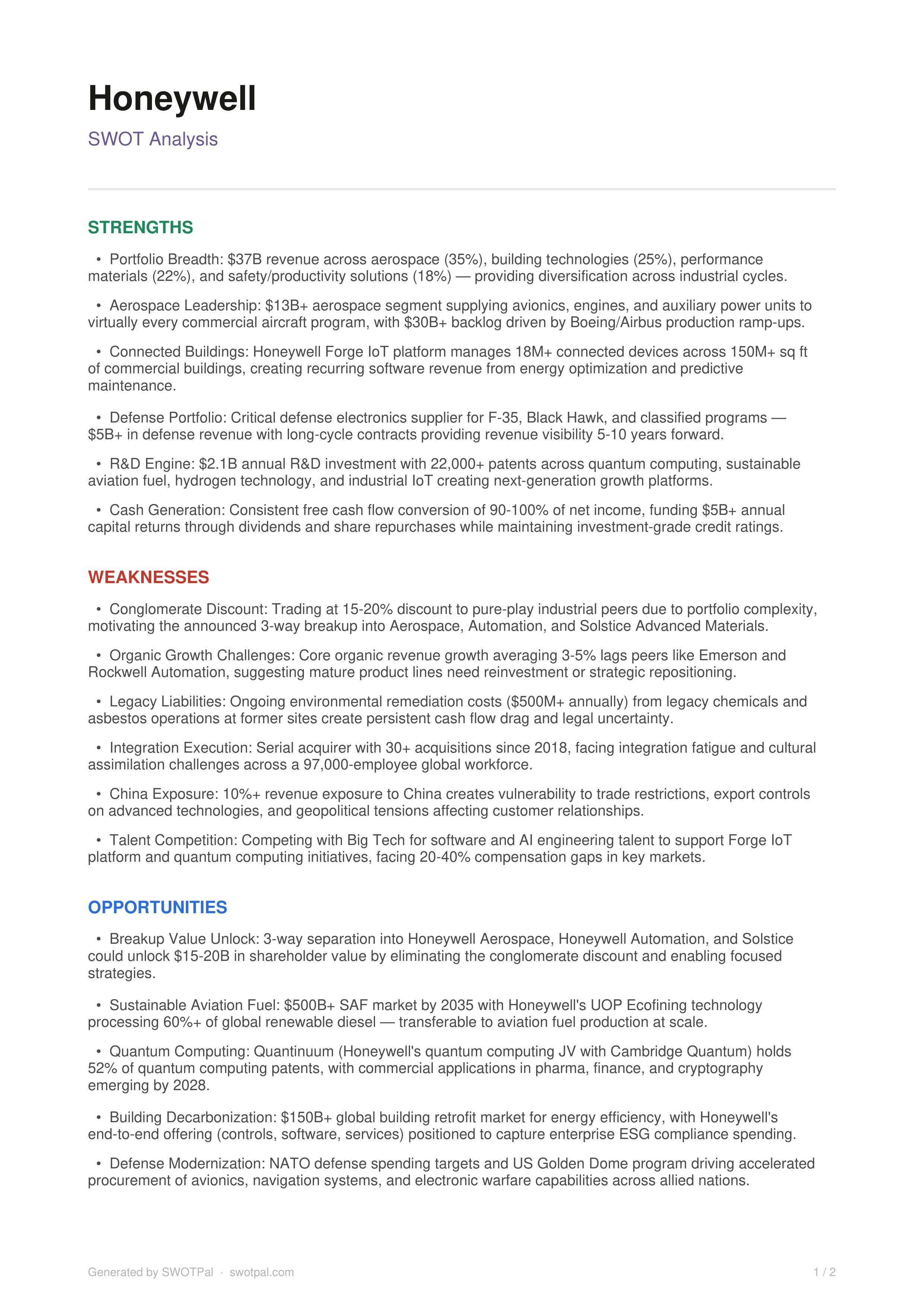 Honeywell SWOT Analysis  — page 1