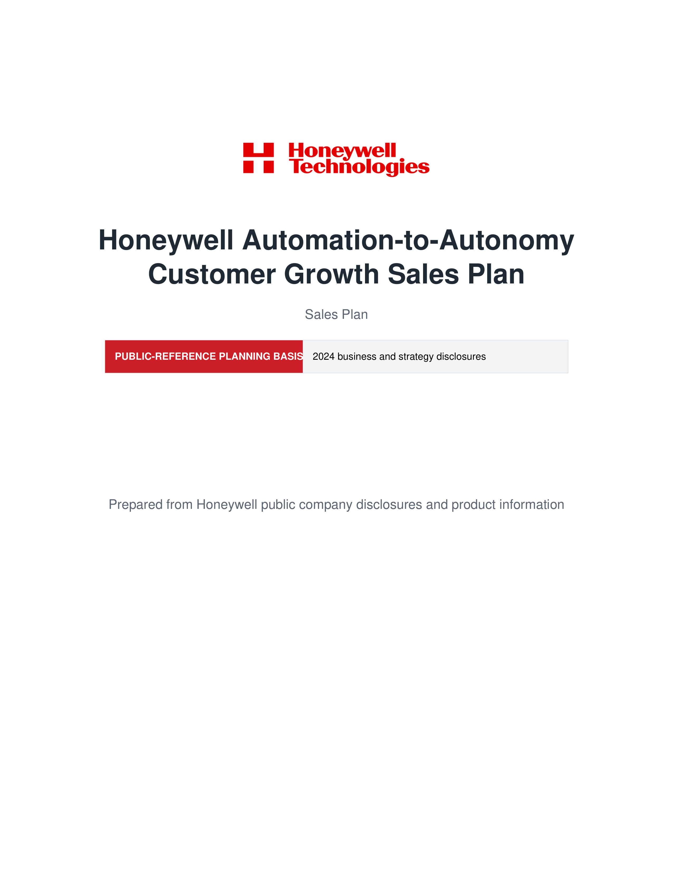 Honeywell Technologies Automation-to-Autonomy Customer Growth Sales Plan — page 1