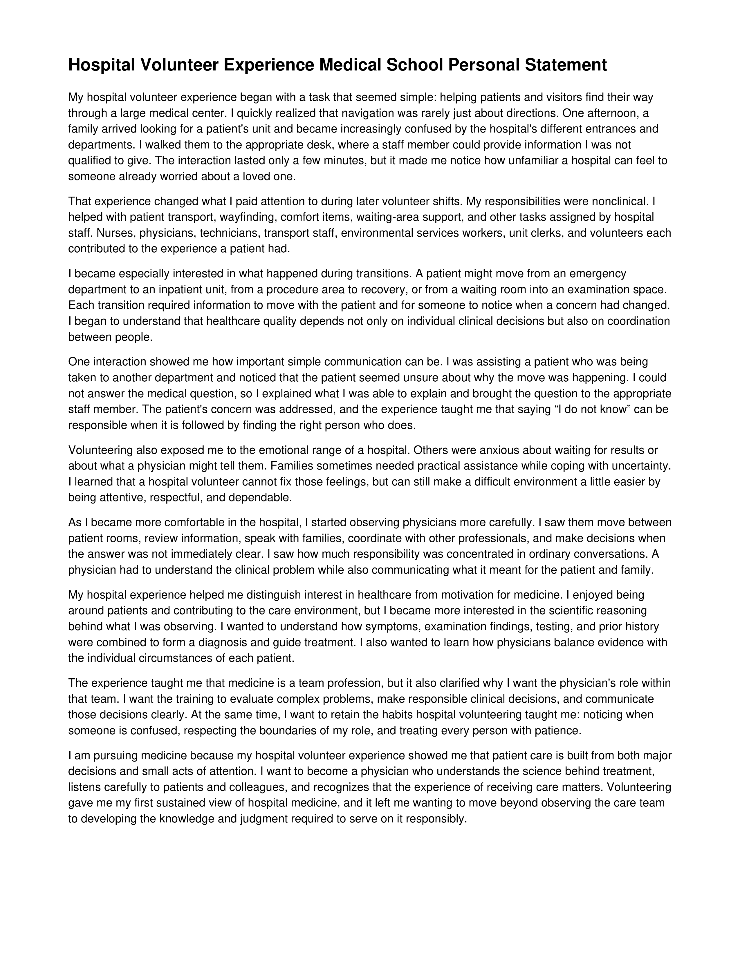 Hospital Volunteer Experience Medical School Personal Statement — page 1