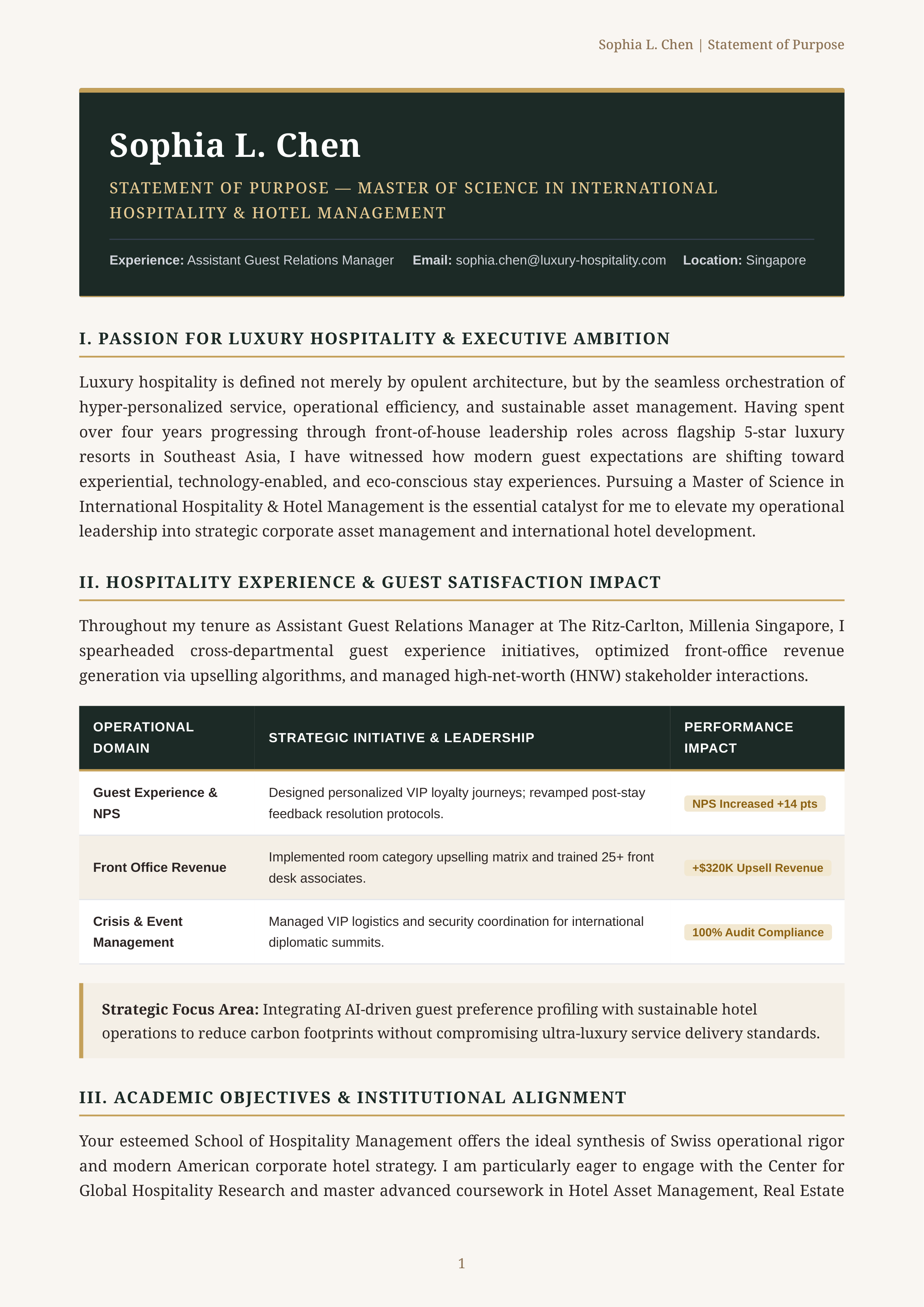 Hotel Management Statement of Purpose — page 1