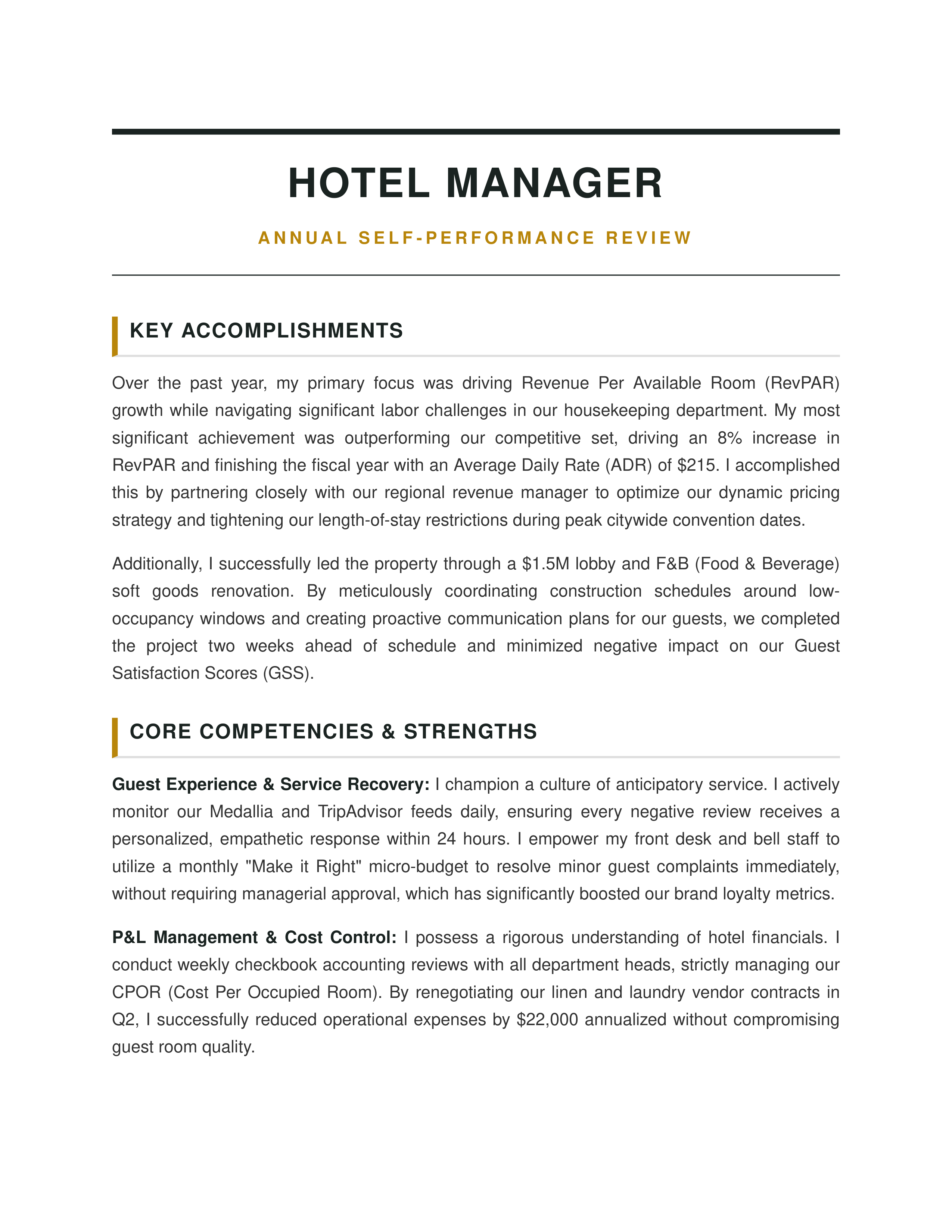 Hotel Manager Self Performance Review — page 1