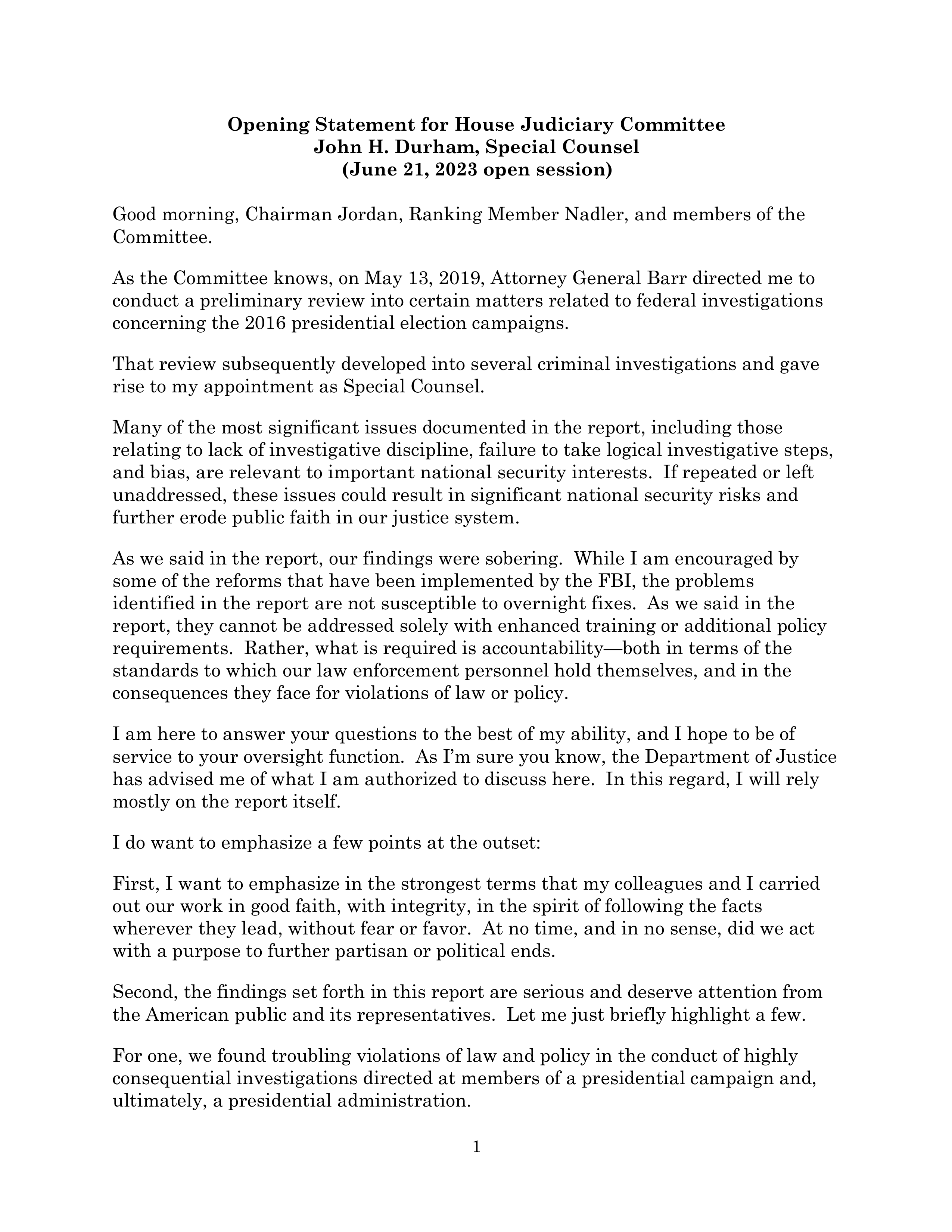 House Judiciary Committee Oversight Hearing Opening Statement — page 1