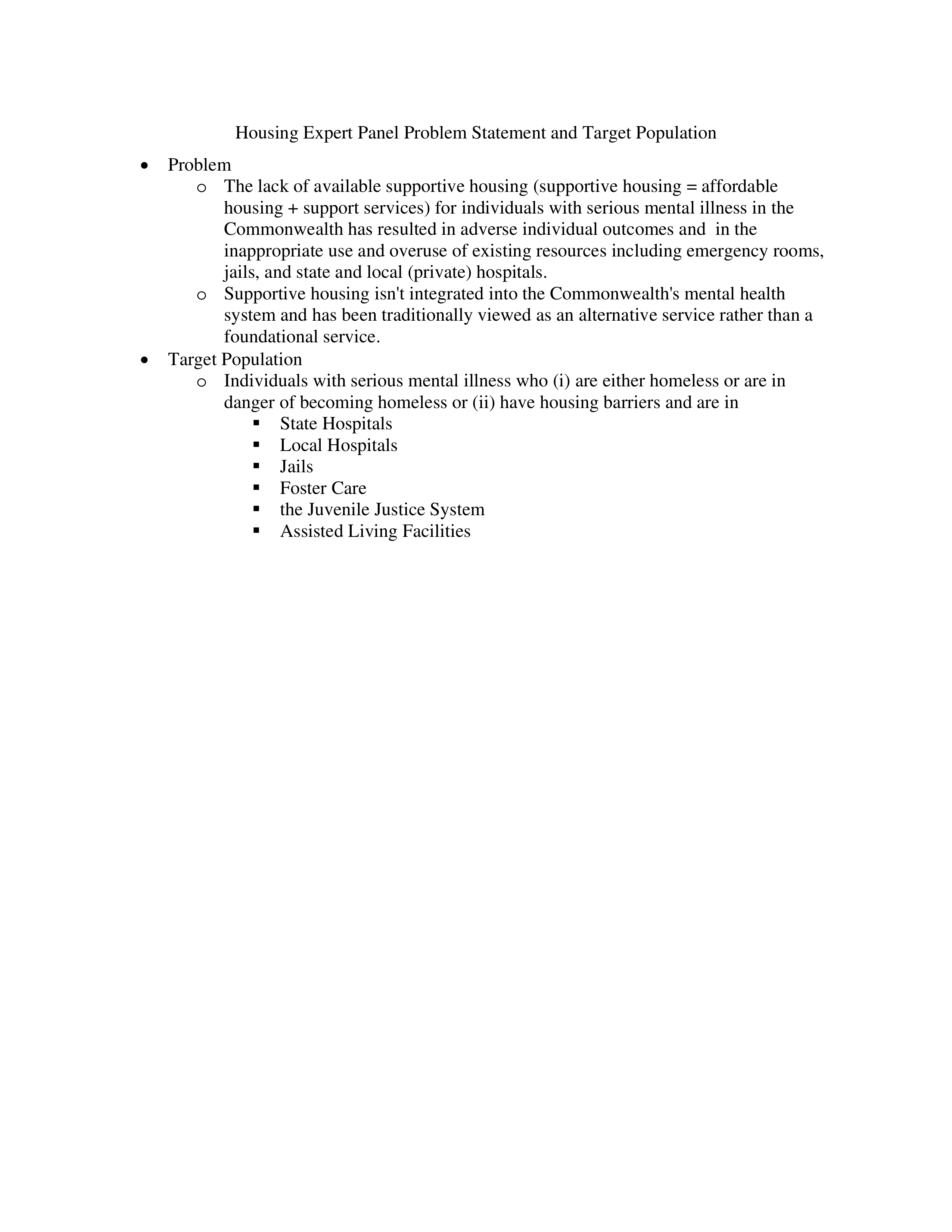 Housing Expert Panel Problem Statement — page 1